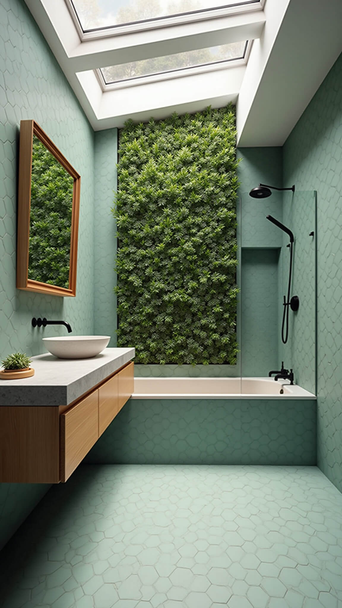 Contemporary sage green hex-tiled bathroom with skylights, living wall, concrete vanity, matte black fixtures, and bamboo accents.