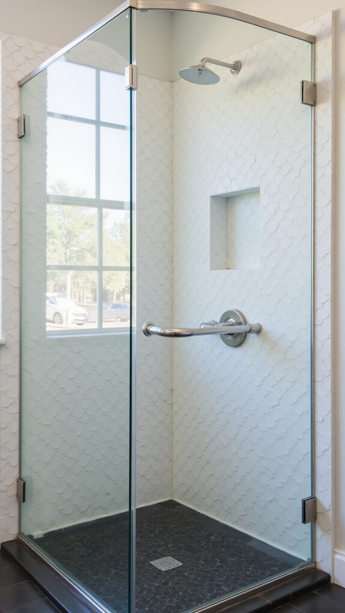 Modern 9x11ft bathroom with white scalloped shower tiles, black penny tile floor, and custom-curved glass illuminated by morning light.