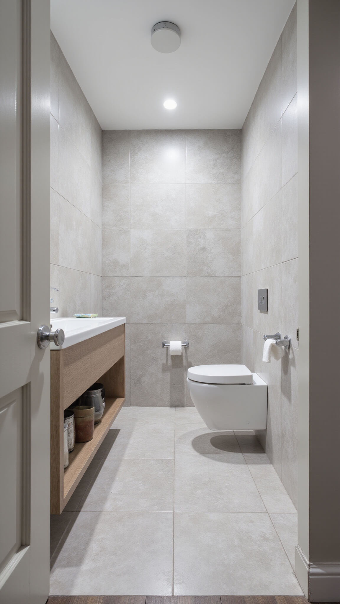 Modern 6x8ft bathroom with large light gray diagonal tiles, floating vanity, wall-mounted toilet, and seamless floor-to-wall design, viewed from doorway with even LED lighting.