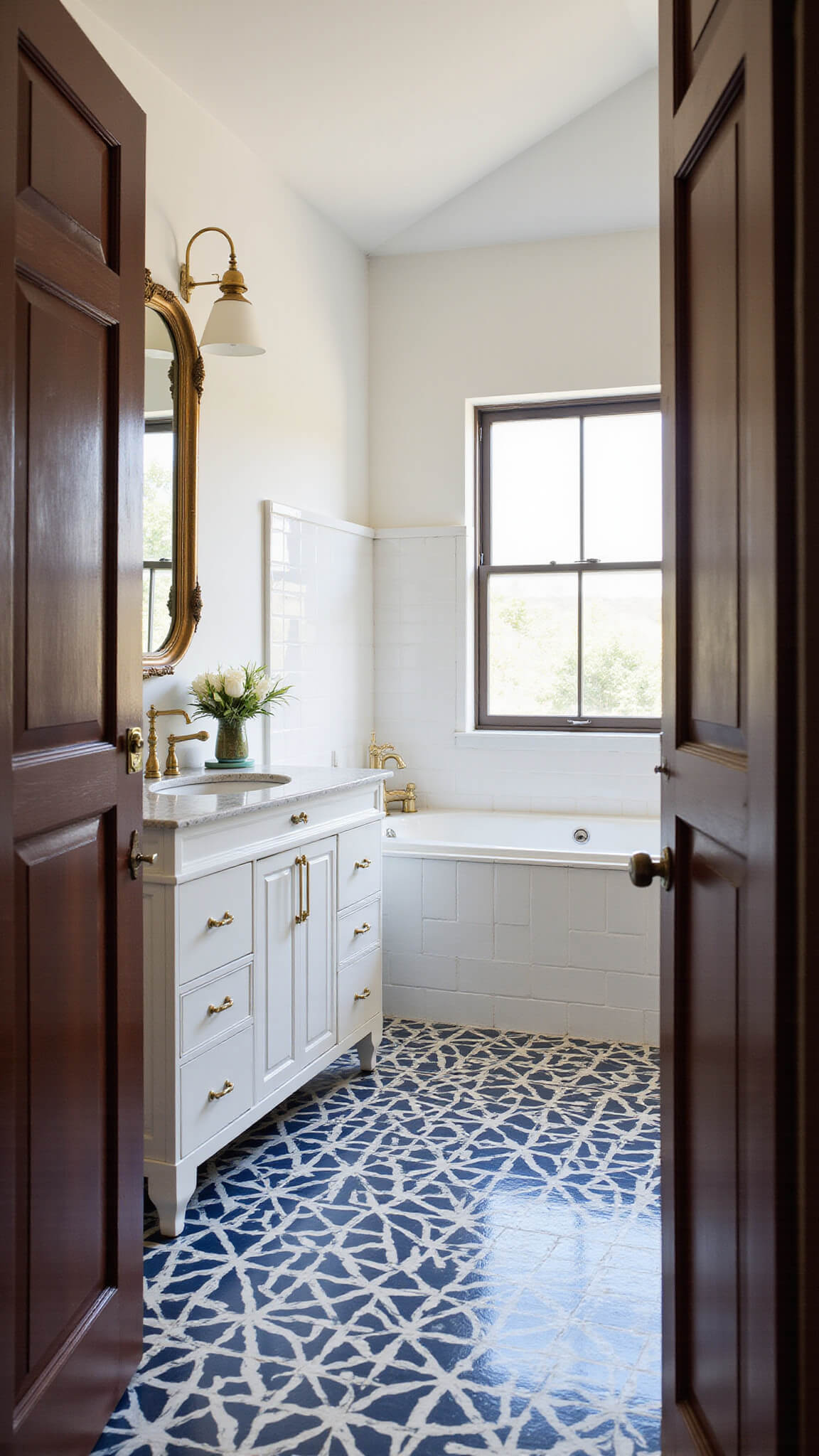 Eclectic 10x14ft bathroom with navy and white geometric floor tiles, oversized matte white wall tiles, brass fixtures, and vintage vanity, viewed from entrance with dramatic side lighting.