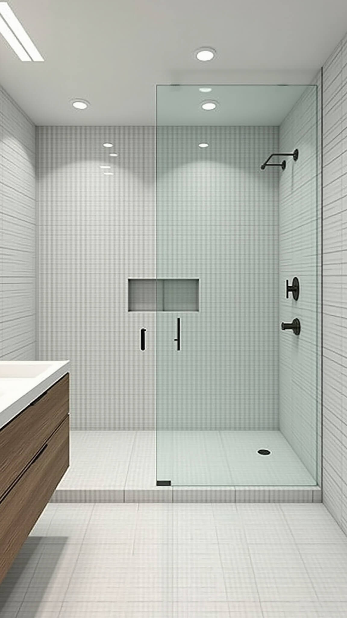 Minimalist 11x13ft bathroom with white textured floor-to-ceiling tiles, glass walk-in shower, floating bleached oak double vanity, and linear lighting highlighting tile texture.
