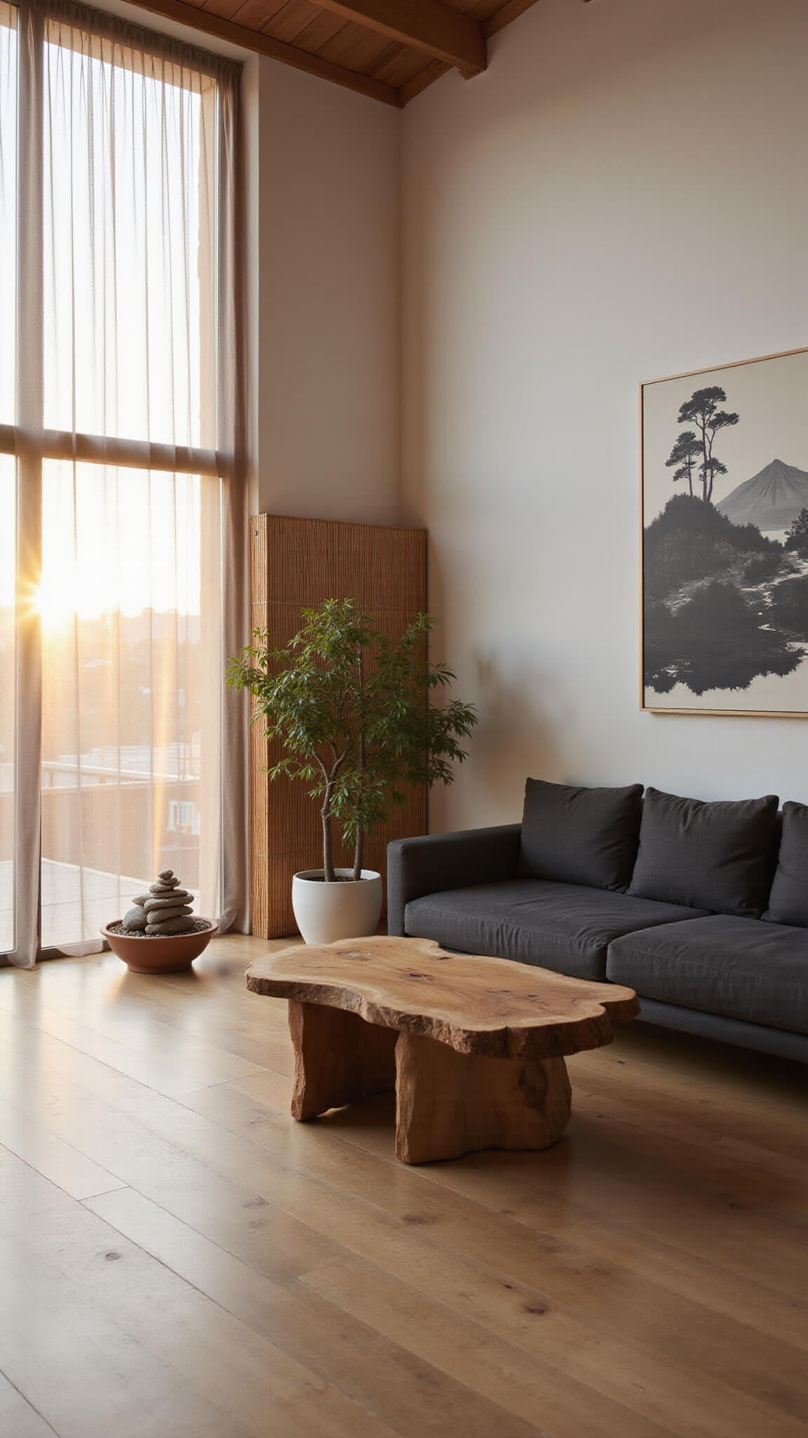 Minimalist living room with charcoal sectional, natural wood coffee table, and bonsai tree bathed in golden hour light through sheer curtains.