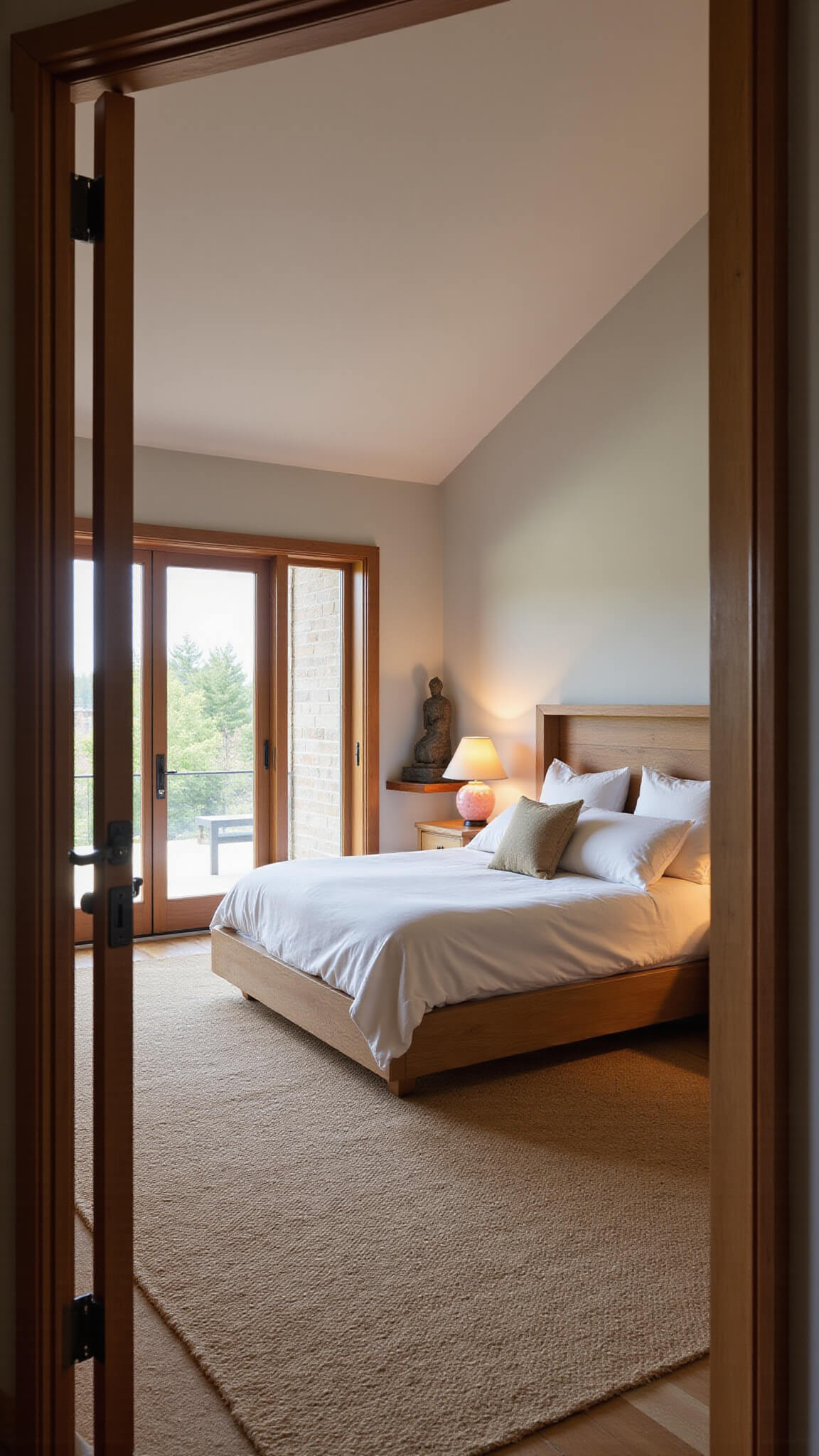 Master bedroom at dawn with vaulted ceiling, platform teak bed in cream linens, Himalayan salt lamp on nightstand, jute rug, sisal cushions in meditation nook, shoji screens filtering light, and Buddha head on wooden shelf.