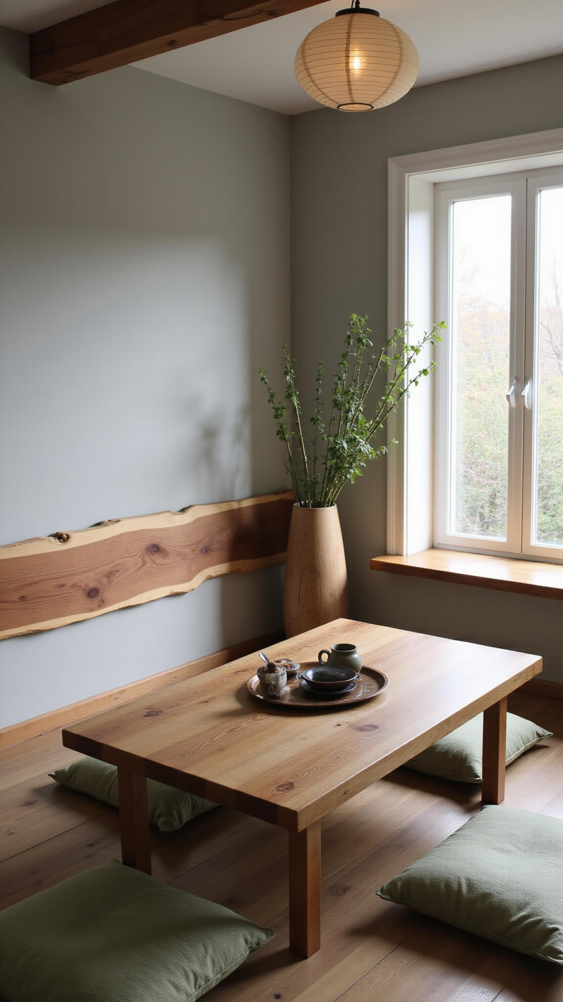 Open concept dining area with low teak table, sage green floor cushions, paper lantern lighting, live edge bench, bamboo in vase, and stone tea set on bronze tray.