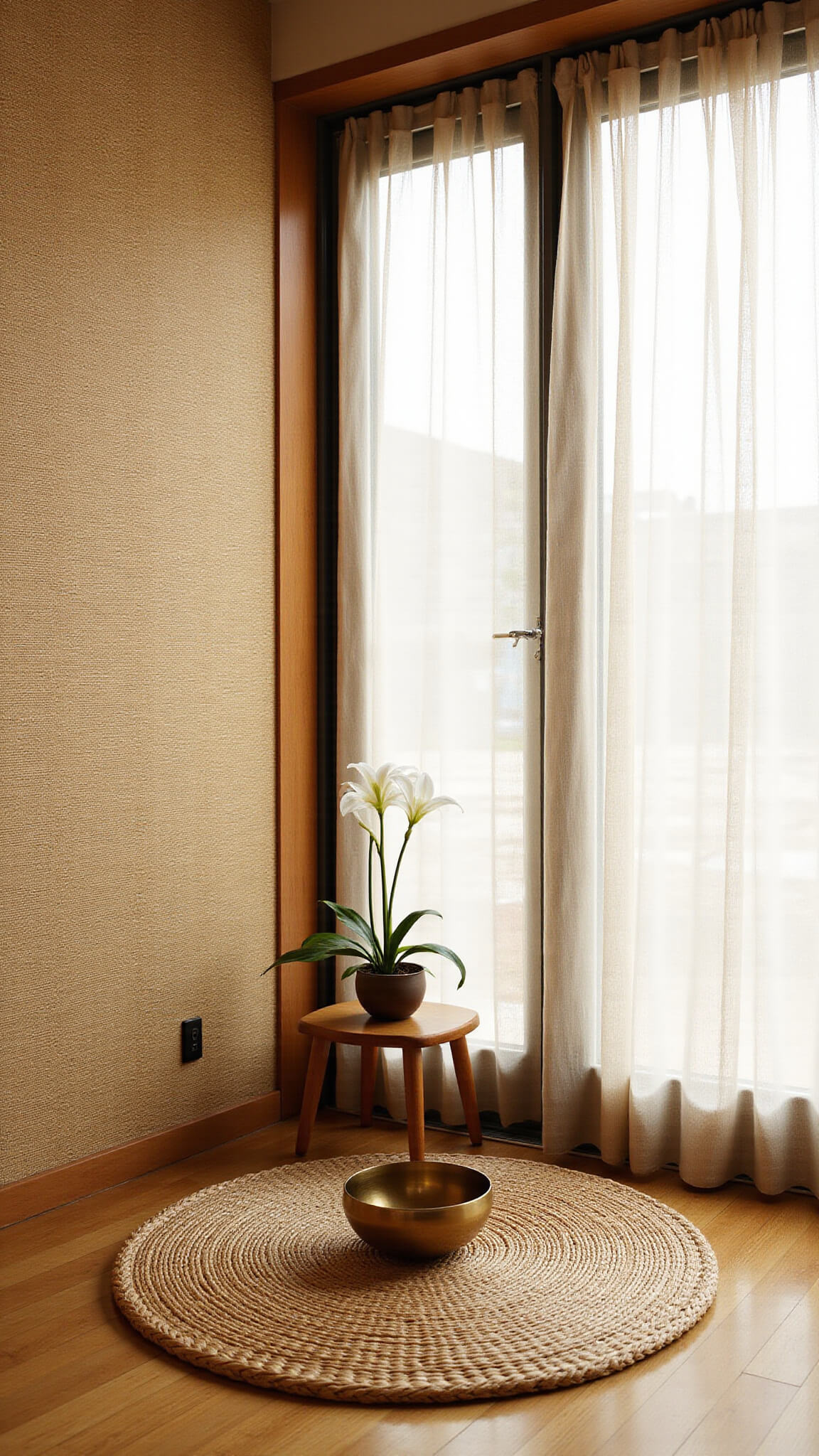 Peaceful meditation room corner with grasscloth walls, bamboo floors, woven mat, brass singing bowl on a low table, peace lily, and soft natural and LED lighting.