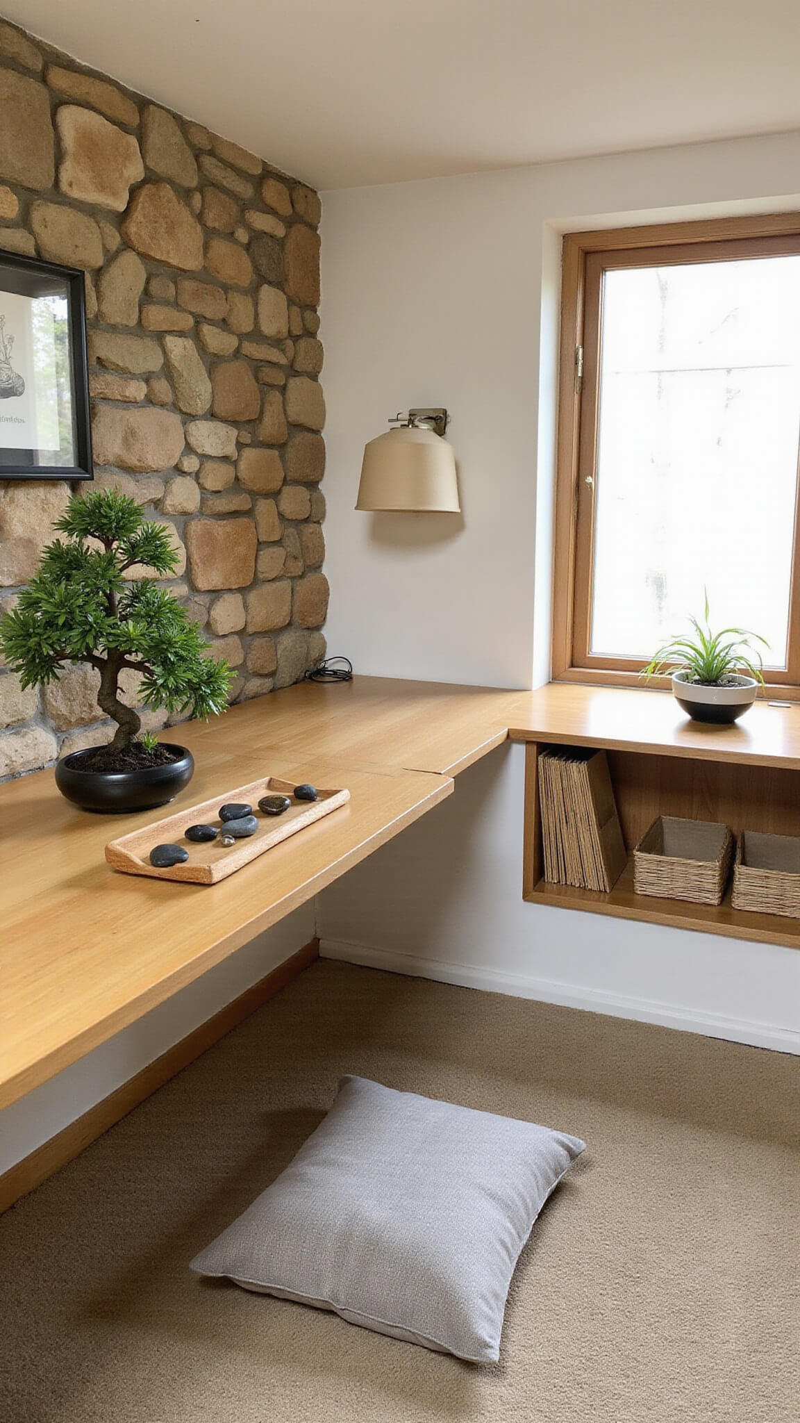Minimalist home office nook with floating wooden desk on stone accent wall, bonsai tree, river stones, bamboo organizers, and a linen floor cushion, softly lit by natural light through a rice paper screen.