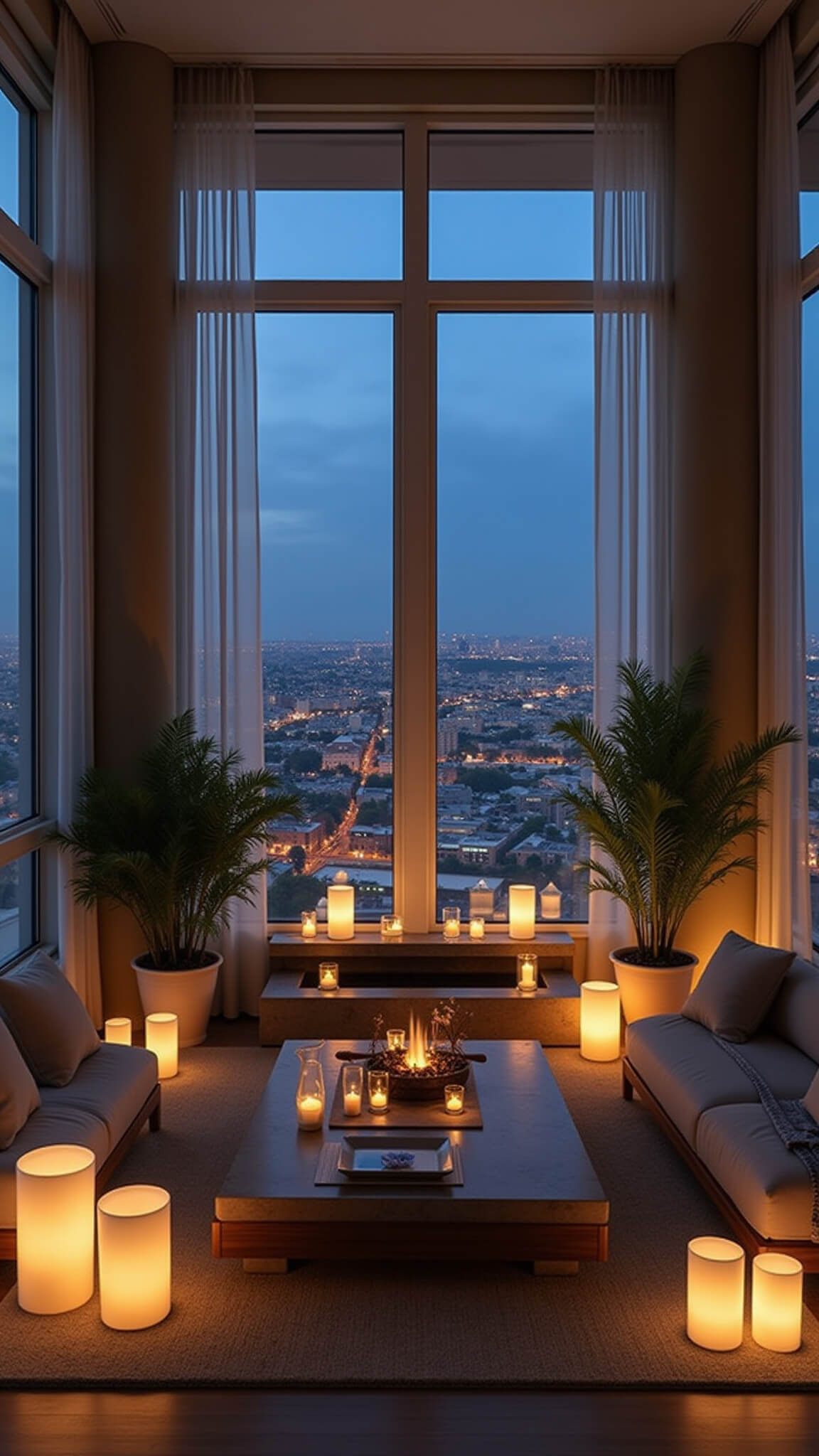 Cozy evening living room with low-profile natural furniture, floor-to-ceiling windows showing city lights, soft candle and lantern lighting, indoor plants, and a stone water feature.