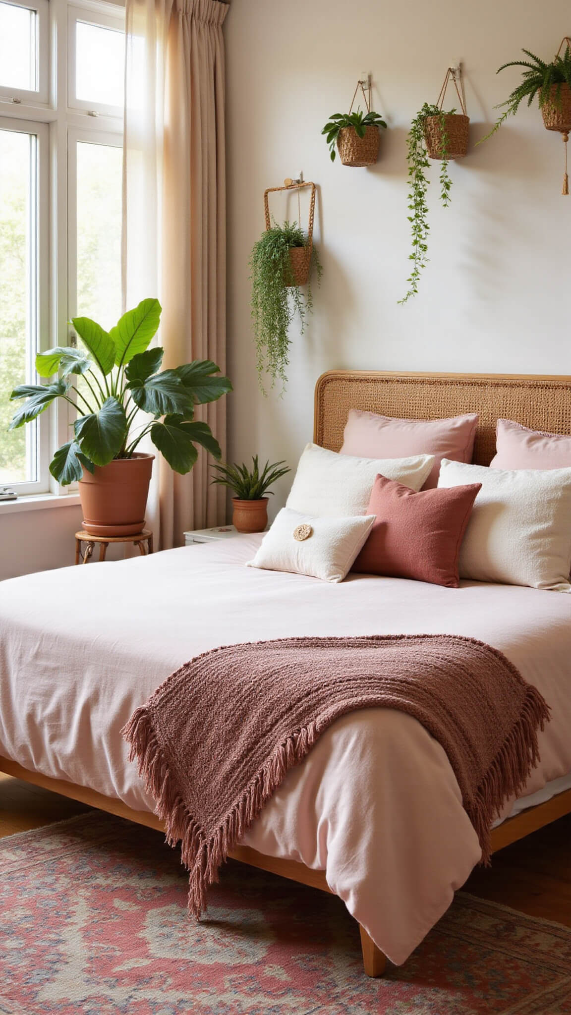 Sunlit blush pink bedroom with rattan bed, layered pillows, Moroccan rug, and hanging plants at golden hour.