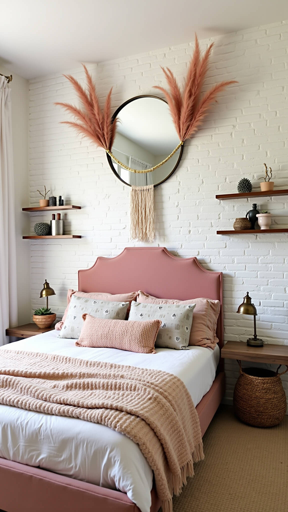 Boho bedroom with dusty rose velvet headboard, brass mirror on white brick wall, pampas grass, layered textiles, and floating shelf with crystals and succulents.