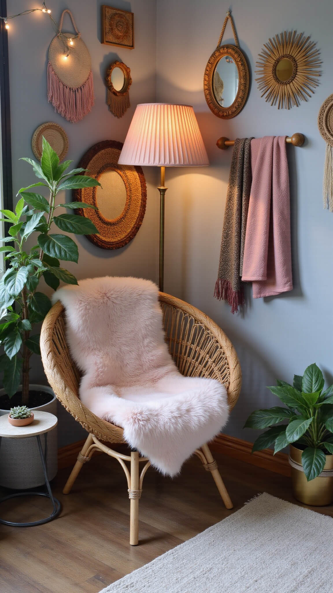 Cozy bedroom corner with rattan chair, pink sheepskin throw, gallery wall of vintage decor, brass lamp, potted plants, and twinkling string lights at blue hour.