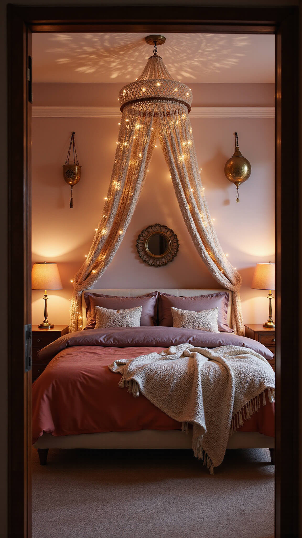 Cozy dusk bedroom with fairy lights in a macramé canopy, vintage silk quilts, knit throws, brass mirrors, and warm pendant lighting.