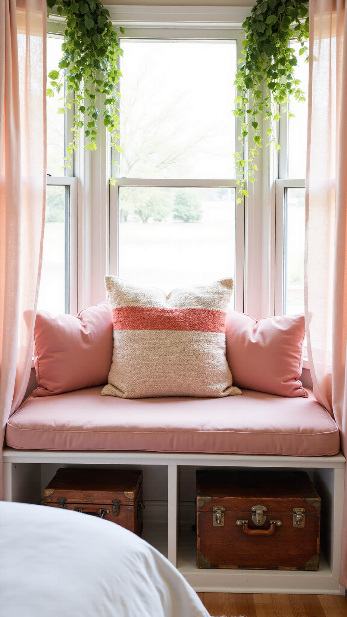 Built-in window seat with blush pink cushions, geometric pillows, vintage suitcases, and trailing plants in soft morning light.