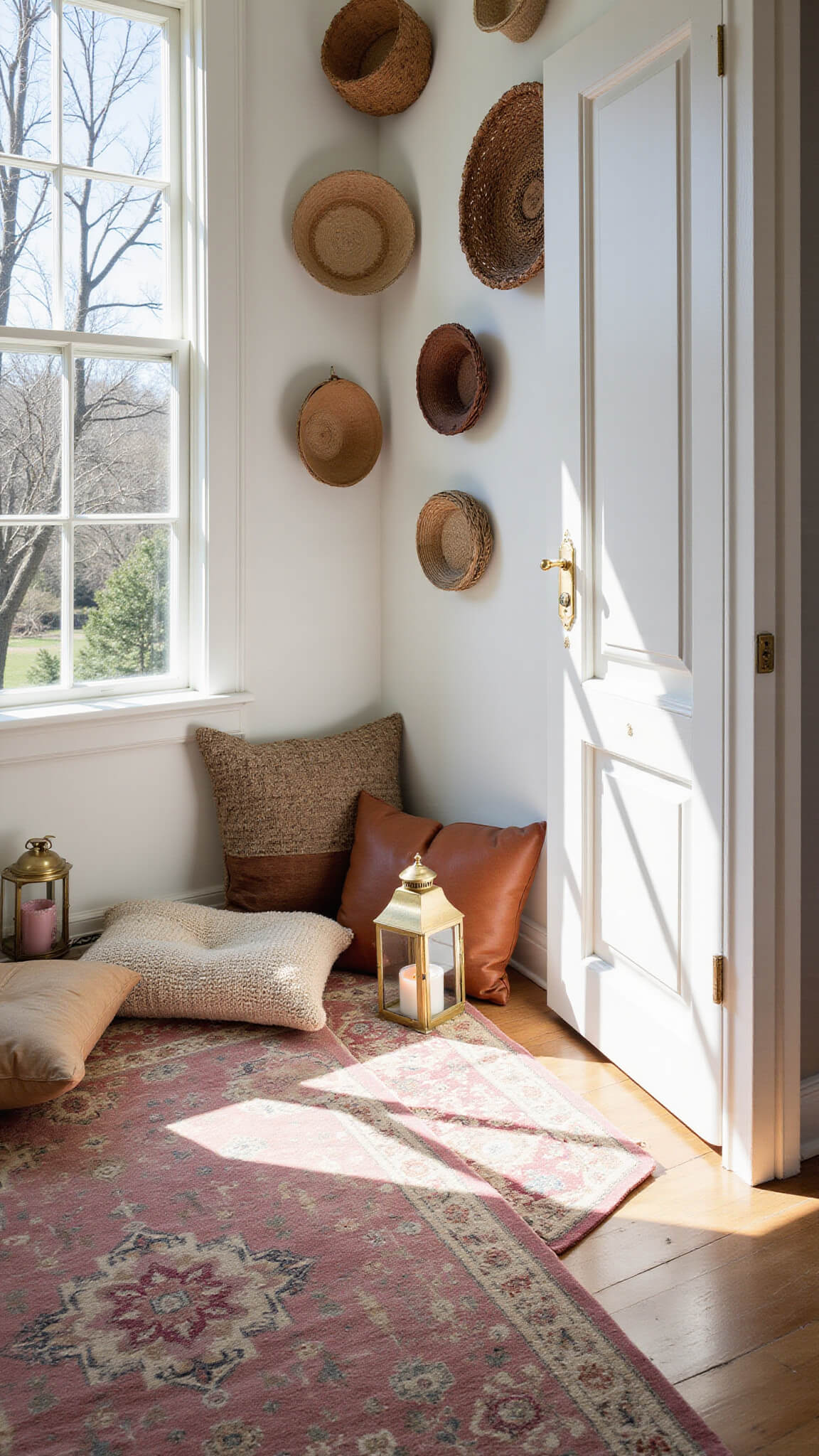 Sunlit bedroom alcove with a pink and ivory Persian rug, textured floor cushions, brass lanterns, pink votives, and woven basket wall art.