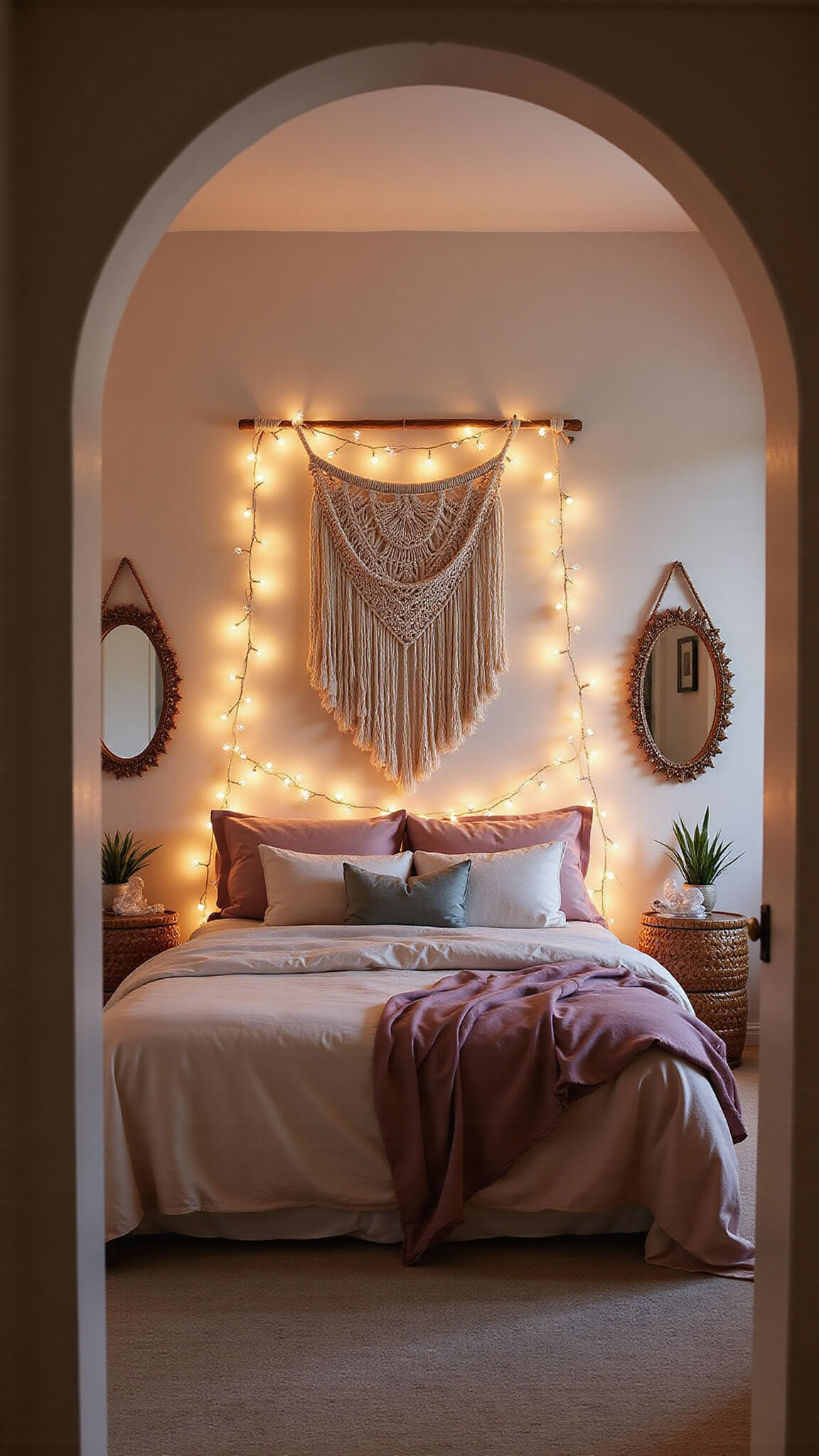 Twilight bedroom viewed through arched doorway with string-lit canopy bed in pink, cream, and mauve linens, macramé headboard, vintage copper mirrors, and rattan tables holding crystals and air plants.
