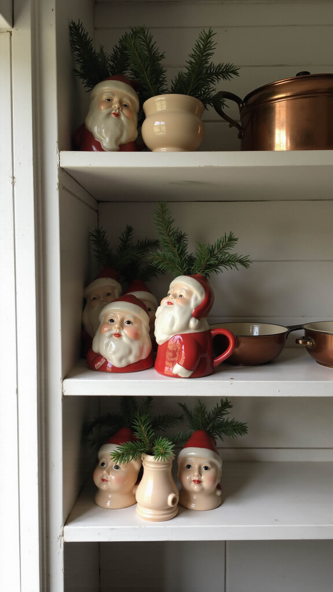 Low-angle view of rustic farmhouse kitchen shelves with 1950s ceramic Santa mugs filled with cedar and pine, against a shiplap wall in morning light, with vintage copper cookware in the background.