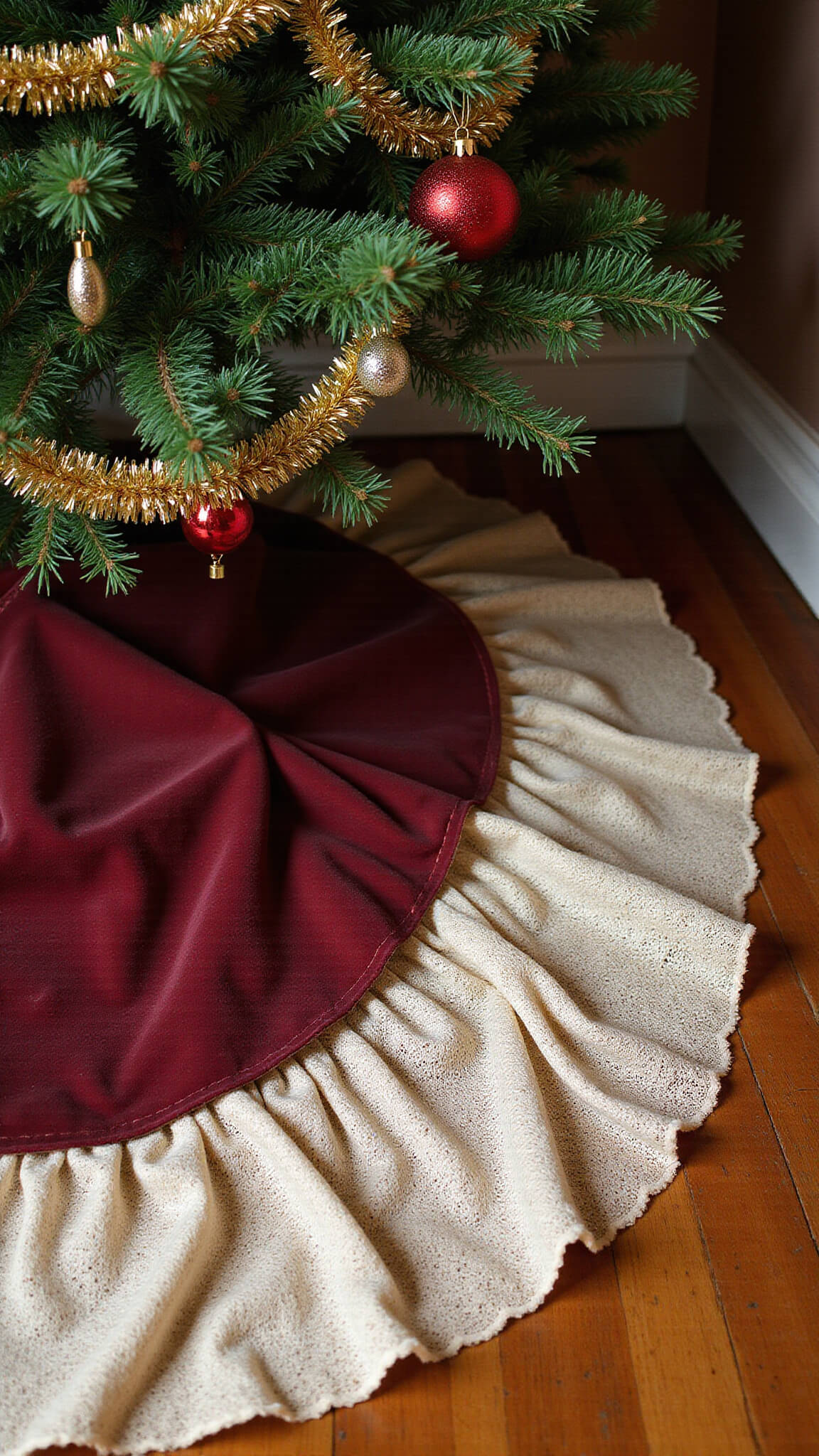 Victorian parlor corner with ivory lace crinoline tree skirt under Fraser fir, vintage ornaments and tinsel, hardwood floors, crown molding, and jewel-toned holiday decor in dramatic afternoon light.