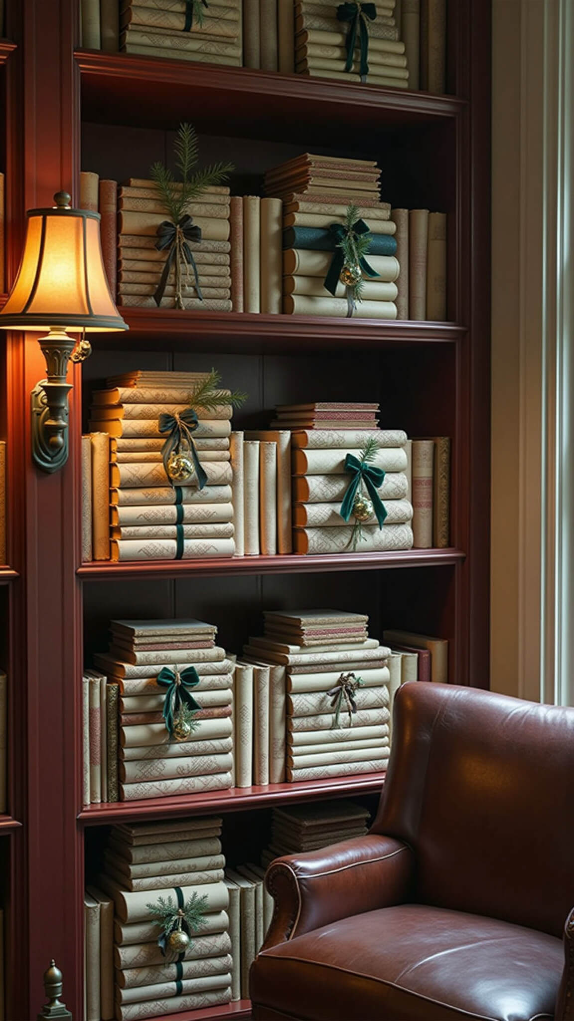 Cozy library nook with vintage books in winter tones, tied with green velvet ribbons and pine sprigs, warm lamp lighting, and a leather wing chair.
