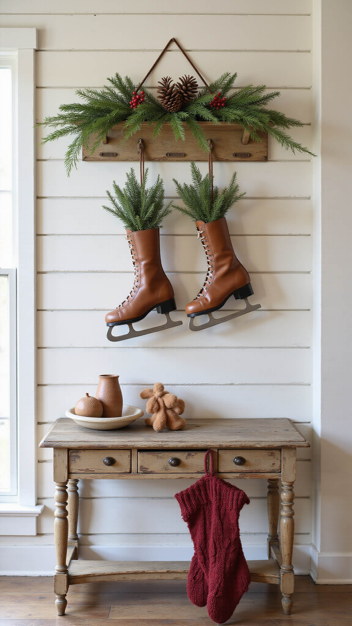Overhead view of vintage ice skates filled with cedar, pine cones, and red berries hanging on a whitewashed plank wall, with antique console table below holding wool mittens and cable-knit stockings in a cream, forest green, and crimson color palette.