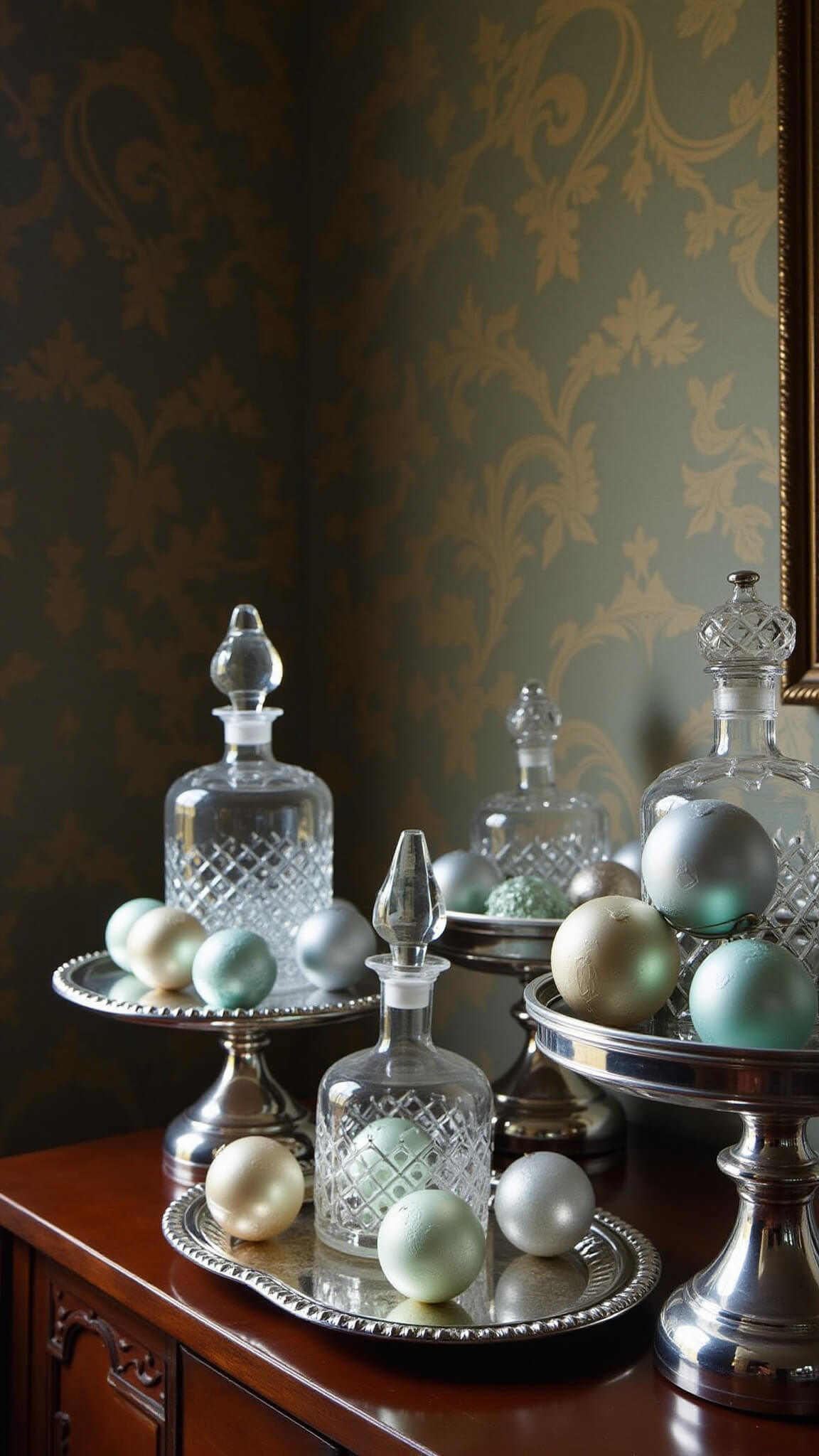 Victorian sideboard with 1940s silver trays displaying vintage champagne, silver, and pale blue ornaments; crystal decanters reflecting afternoon light against damask wallpaper backdrop.