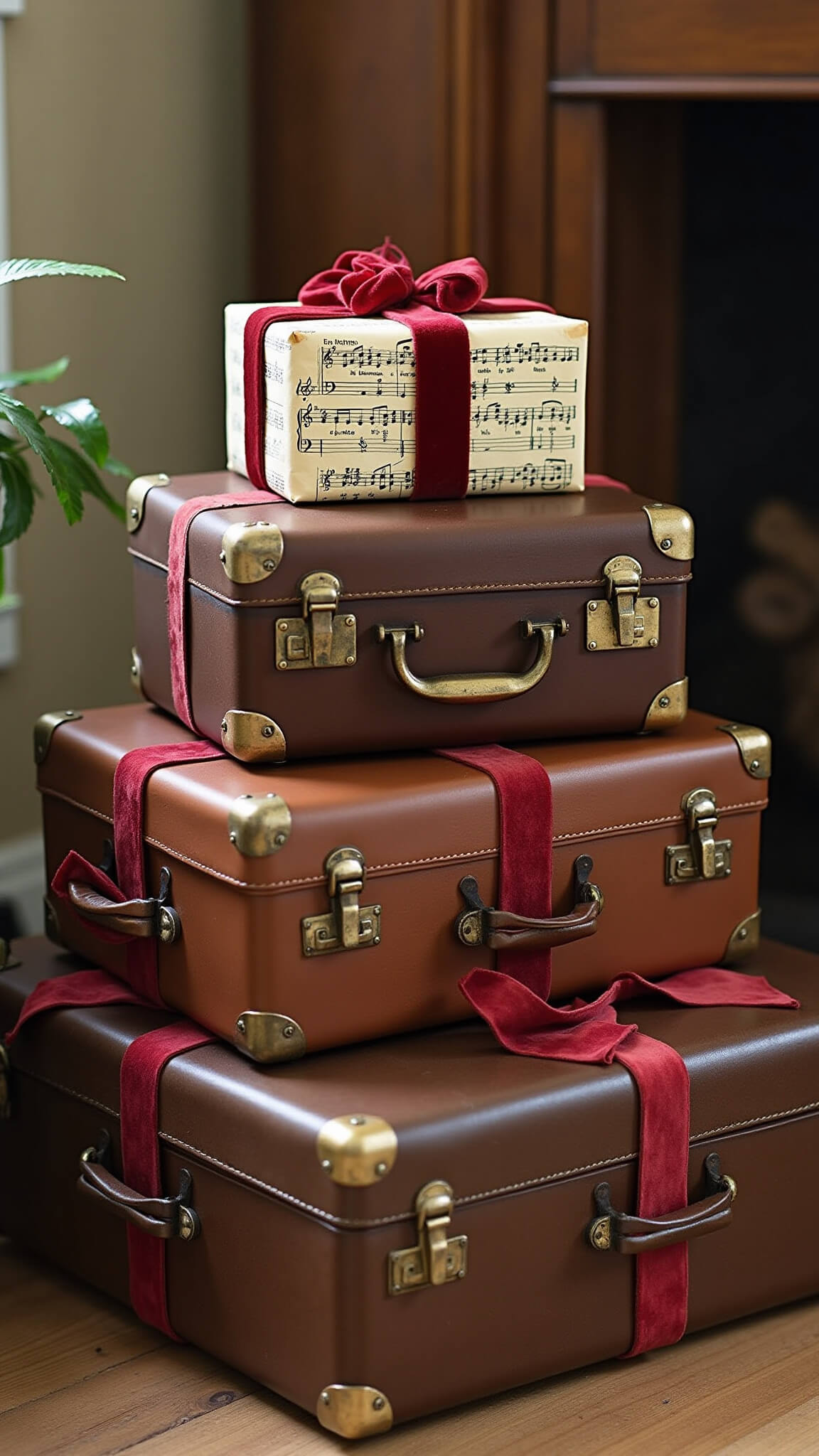 Vintage leather suitcases stacked as gift displays in a cozy living room, with presents wrapped in sheet music and velvet ribbons, accented by warm lighting and brass details.