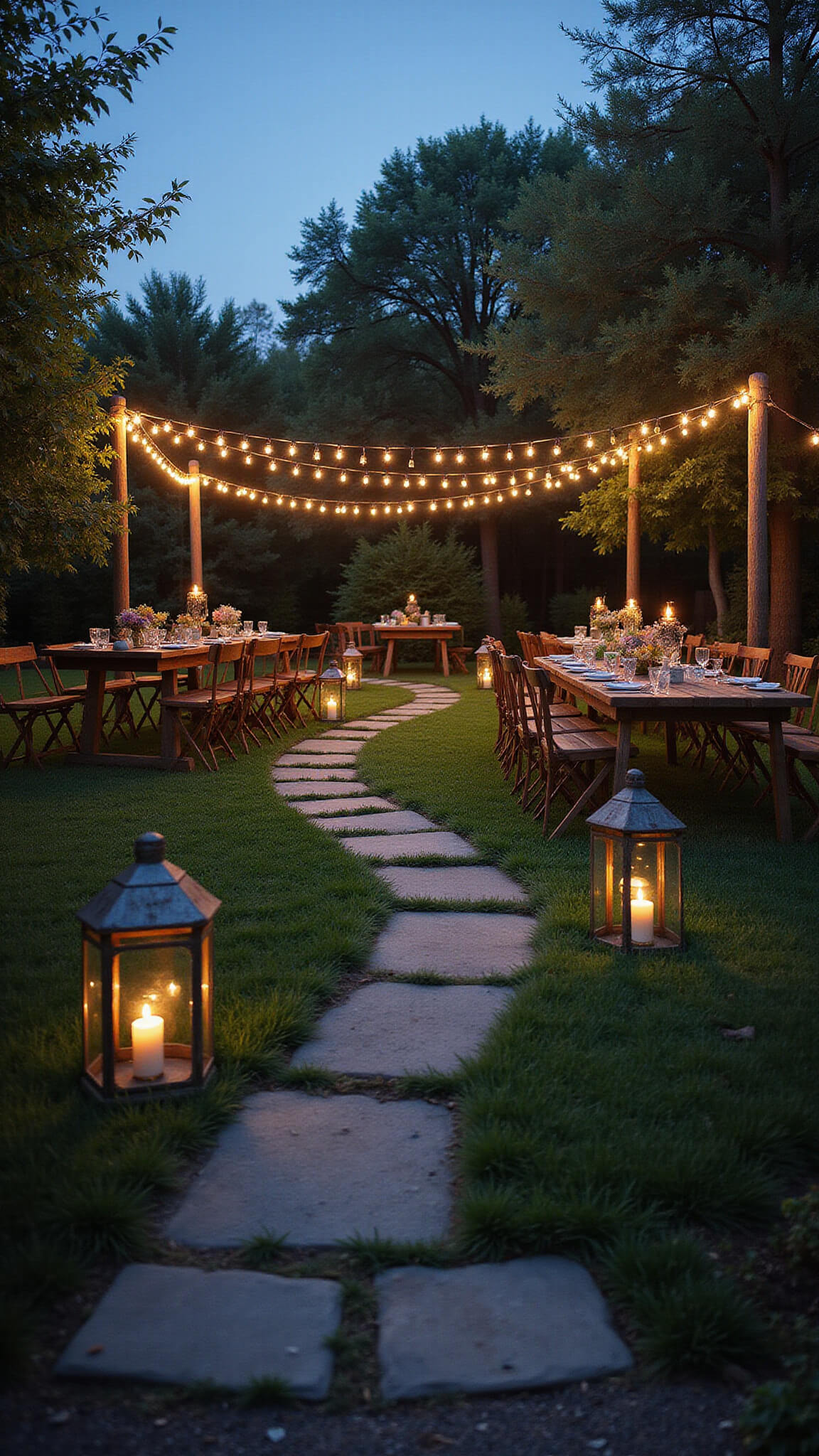 Twilight garden with stone pathways, glowing string lights, rustic tables and chairs, mason jar lanterns, and tiki torches softly illuminating a manicured lawn.