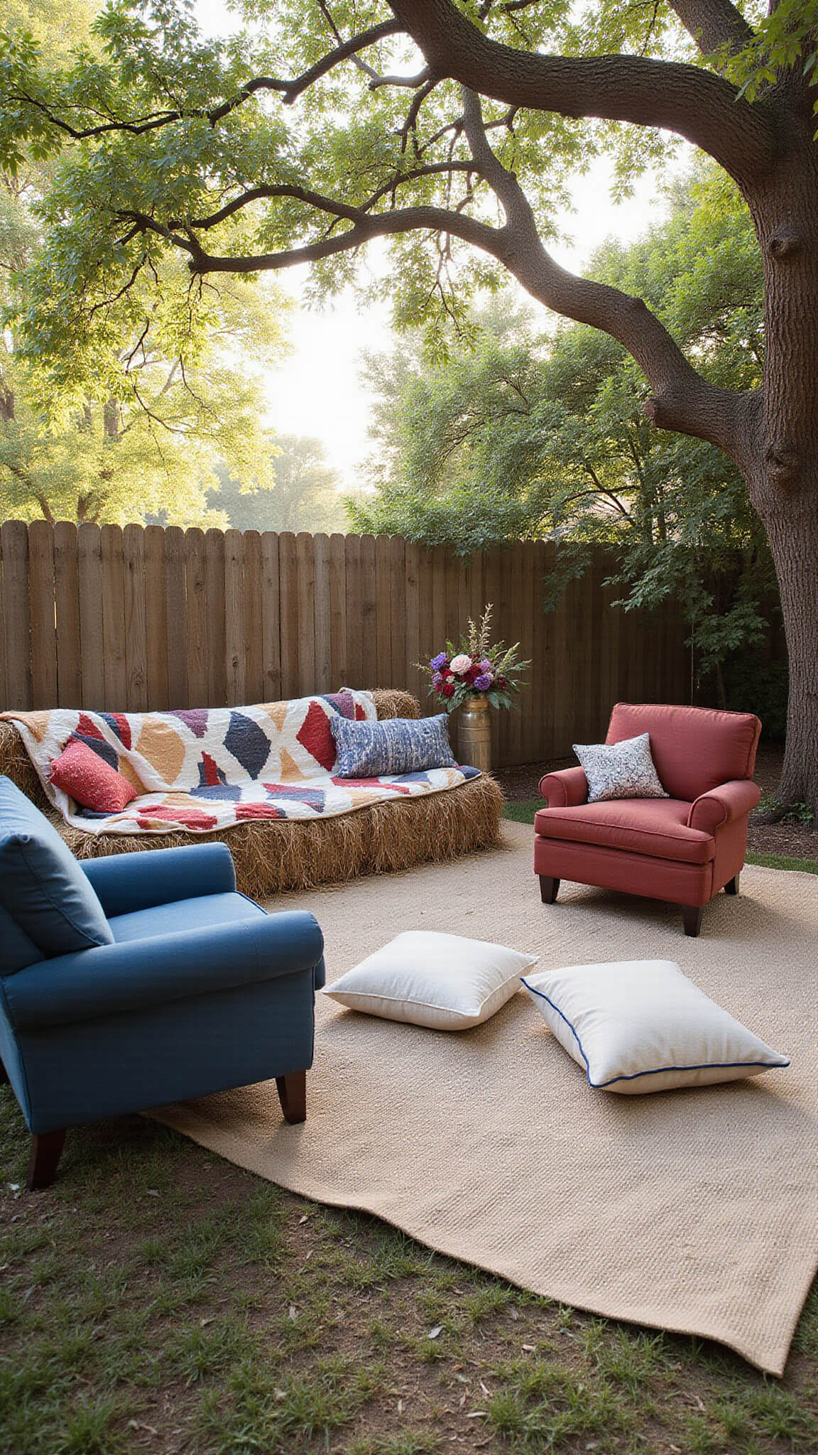 Low-angle view of a cozy 15x15ft garden seating area at golden hour with vintage quilts on hay bale seats, mismatched velvet armchairs, indigo and cream floor cushions, and dappled sunlight through trees highlighting natural textures of jute, cotton, and aged wood.