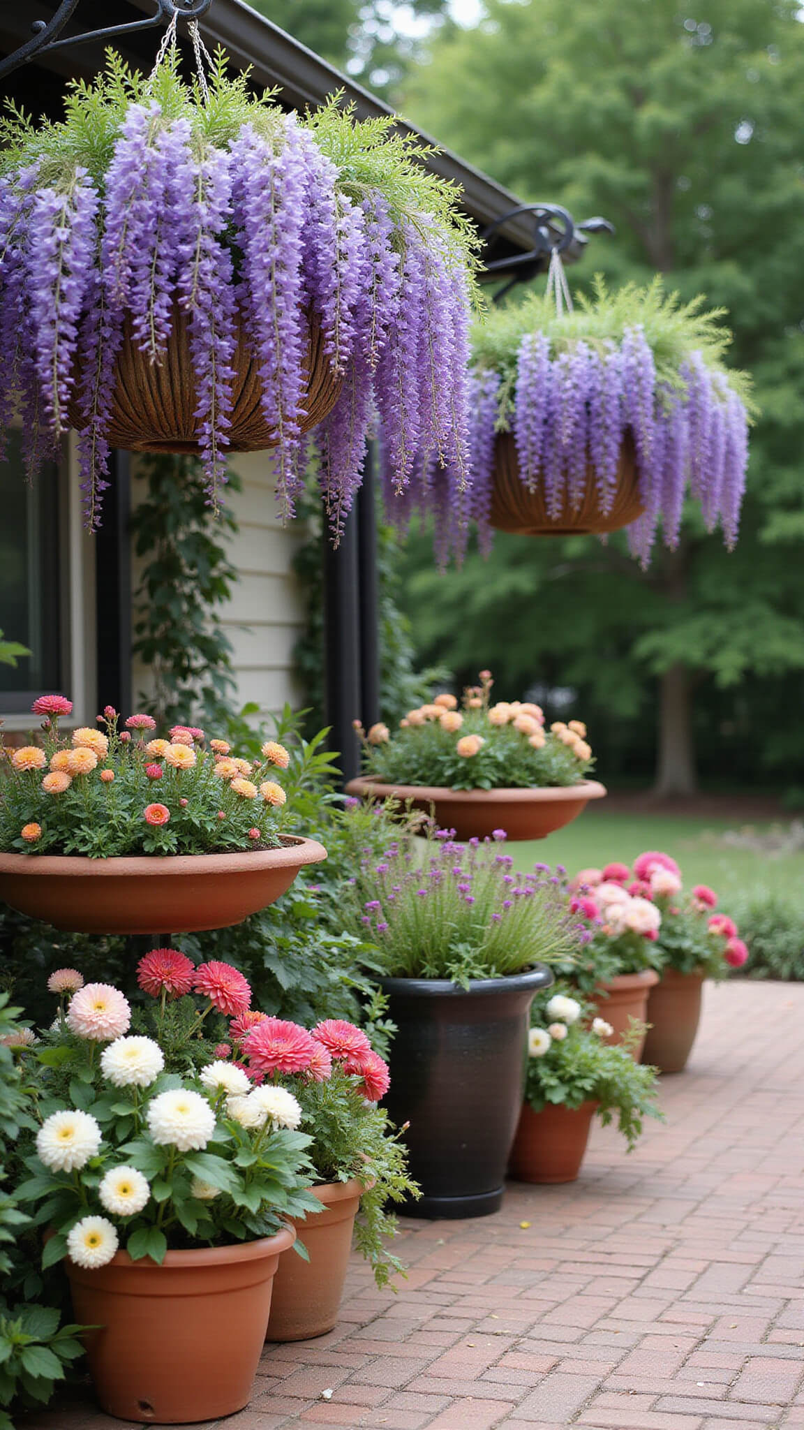 Wide-angle view of a sunlit 20x30ft garden with cascading wisteria baskets, tiered potted dahlias, roses, wildflowers, and textured terracotta and ceramic containers.