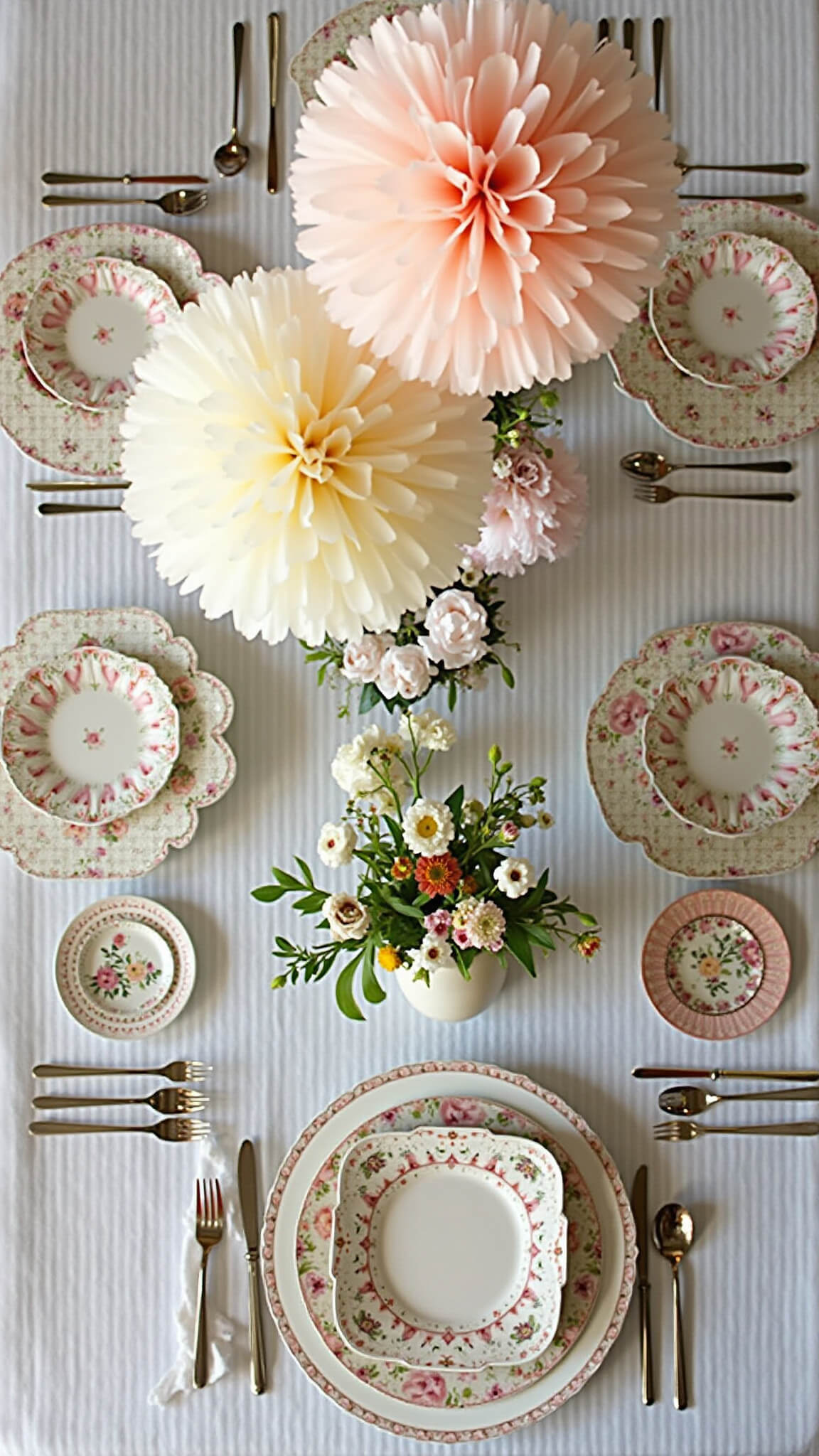 Overhead view of a 12x12ft dining setup with vintage china, mismatched silverware, paper and fresh flowers in milk glass vases, and blush and cream tissue pompoms hanging above.