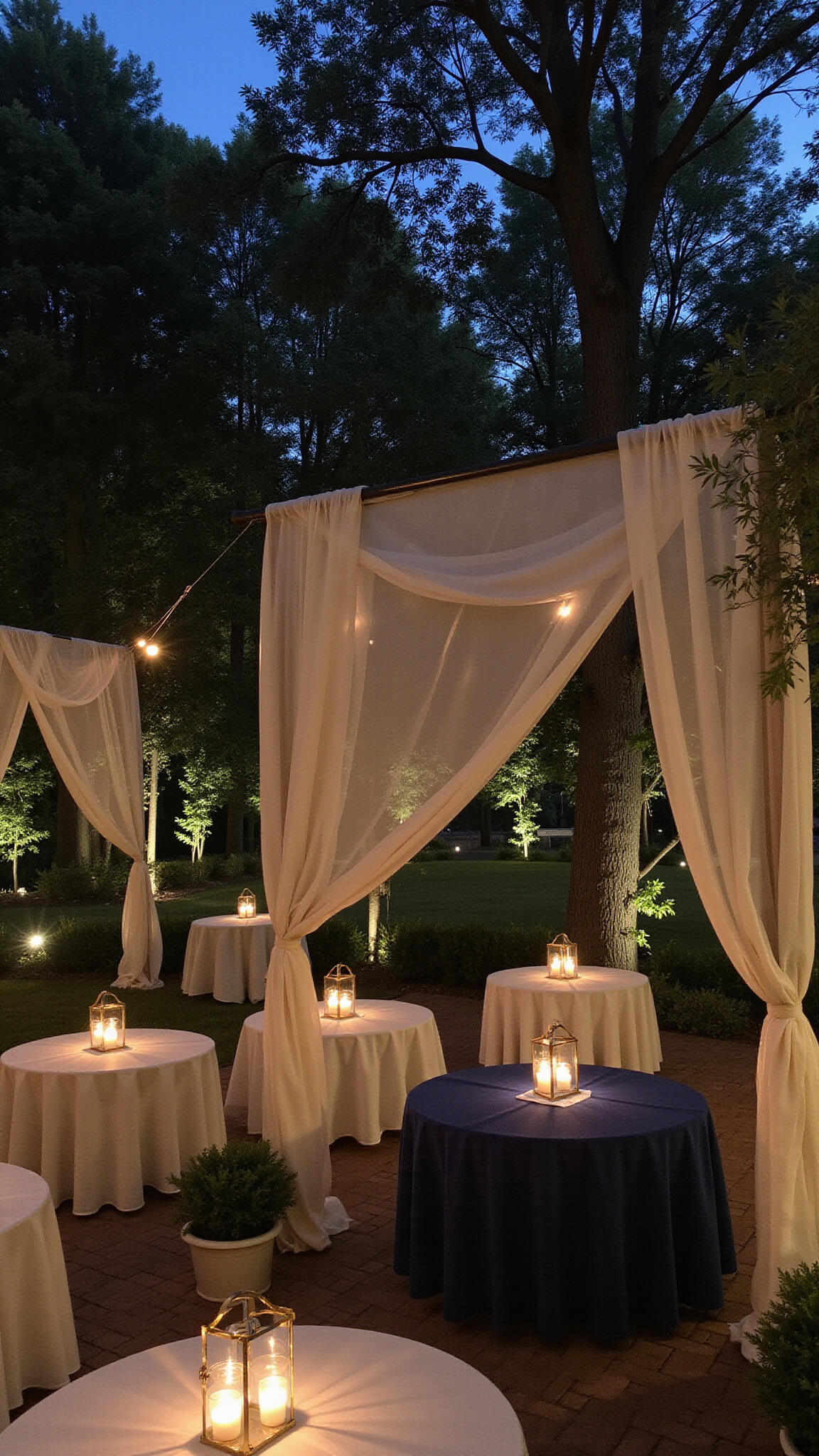 Elevated dusk view of a 40x40ft garden party with sheer canopies, navy and cream tablecloths, glowing lanterns, and layered lighting throughout landscaped zones.