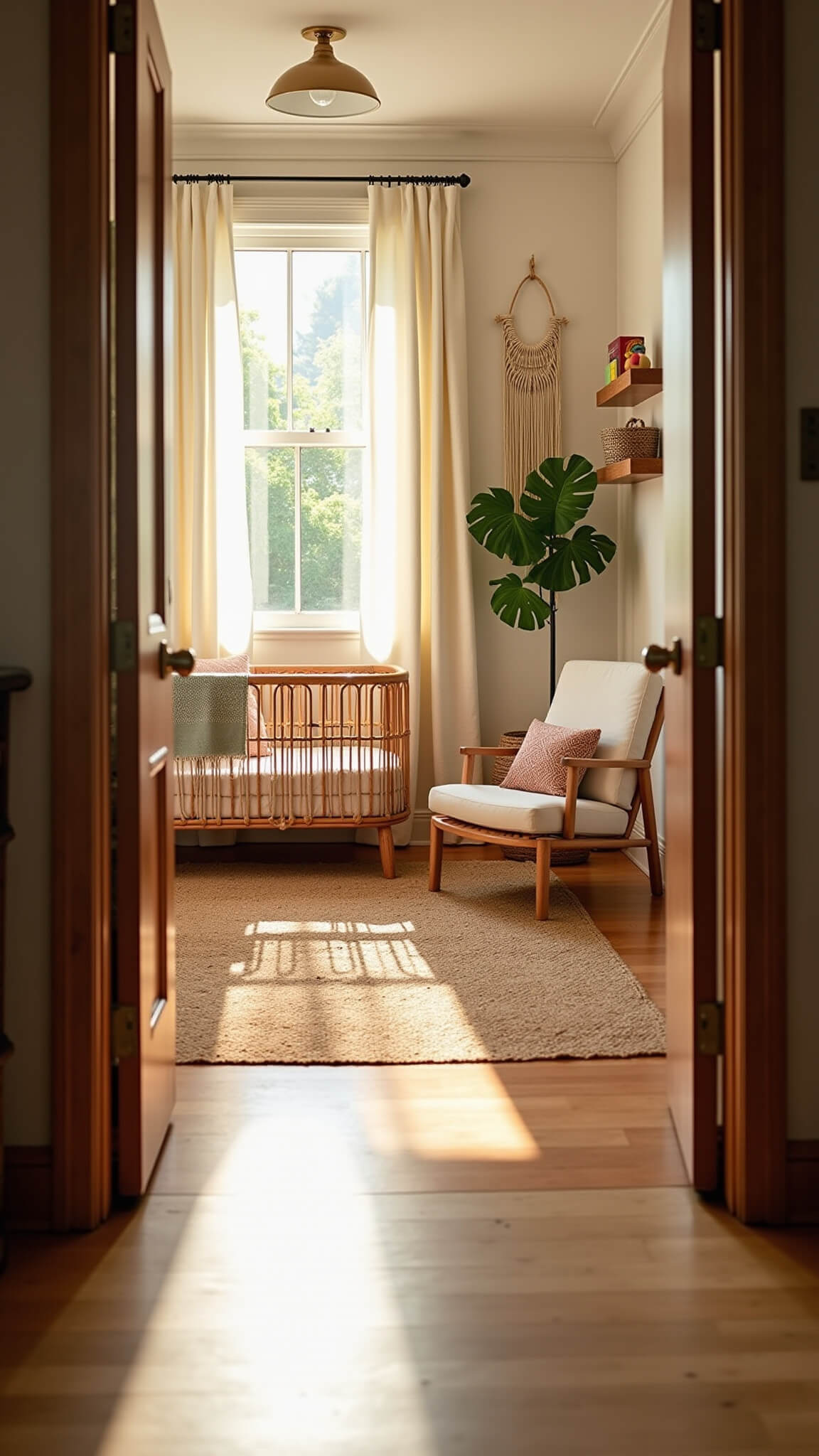 Boho nursery with rattan crib, jute rug, boucle chair, and warm golden hour light filtering through cream curtains.