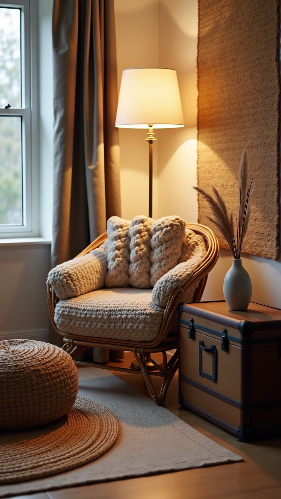 Cozy nursing nook at dusk with rattan chair, knit throw, brass floor lamp, woven pouf, jute rug, vintage suitcase side table, and pampas grass in ceramic vase.