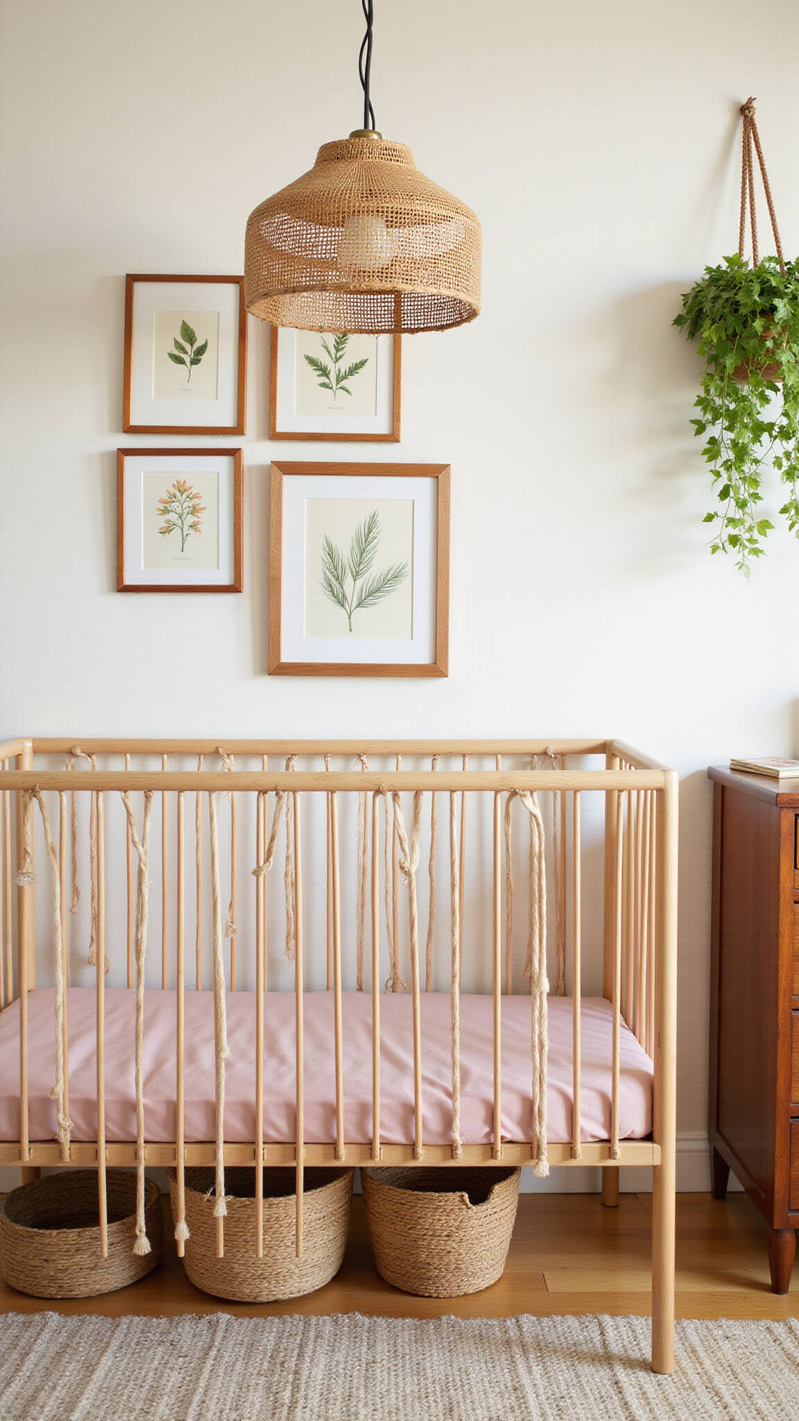 Crib-level view of nursery with dusty rose organic bedding, natural wood crib, Moroccan pendant light casting shadows, vintage botanical prints, macramé pothos hanger, and textured cream accent wall.
