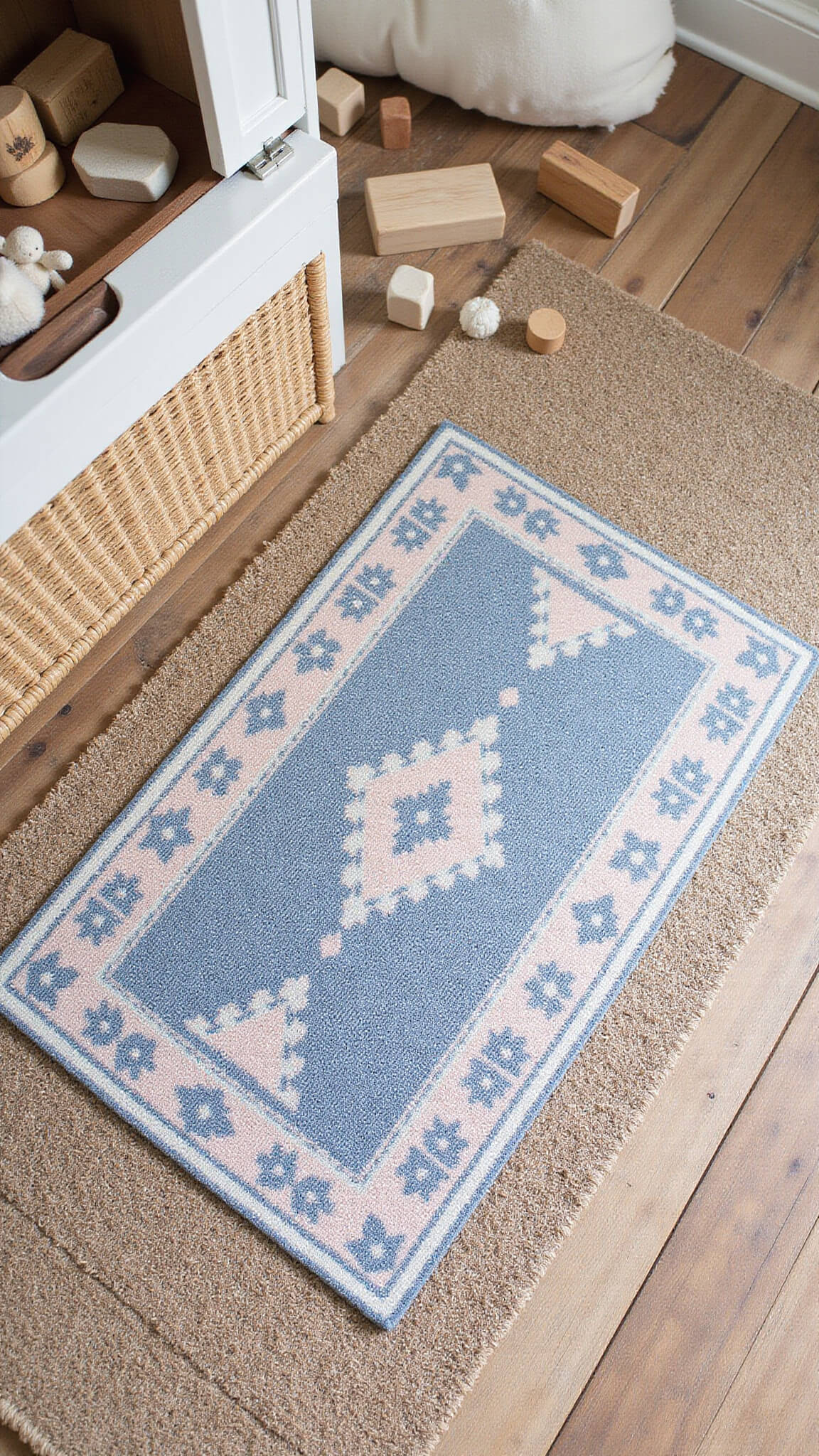Overhead view of layered rugs with chunky jute base and vintage-inspired blue and rose rug, natural light highlighting textures, white-washed toy chest with rattan detail, scattered wooden toys and fabric blocks.