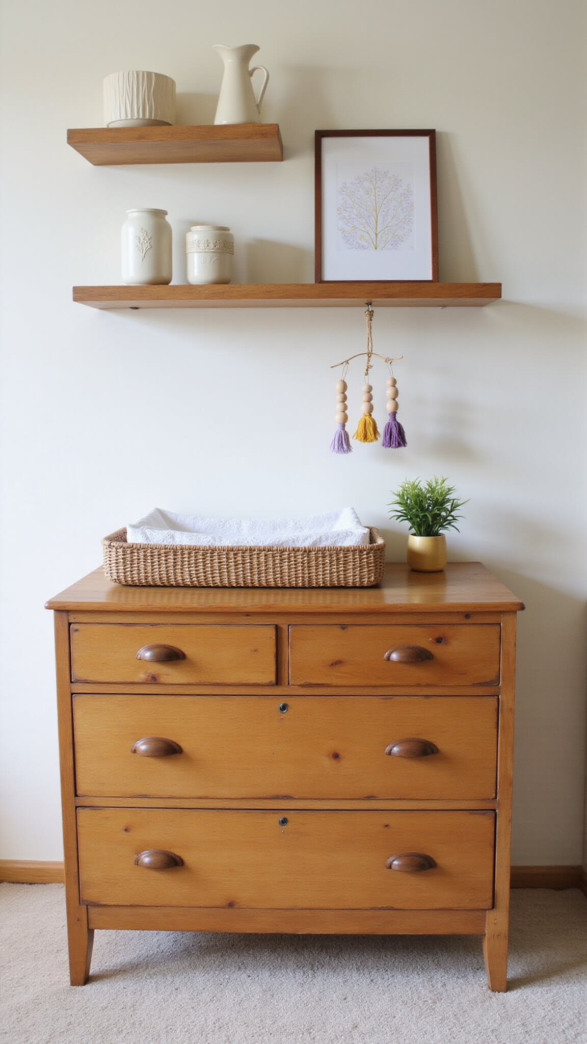 Vintage wood changing station with woven basket, floating shelves holding cream containers, lavender and mustard nursery accents, and handmade beaded mobile in soft backlighting.