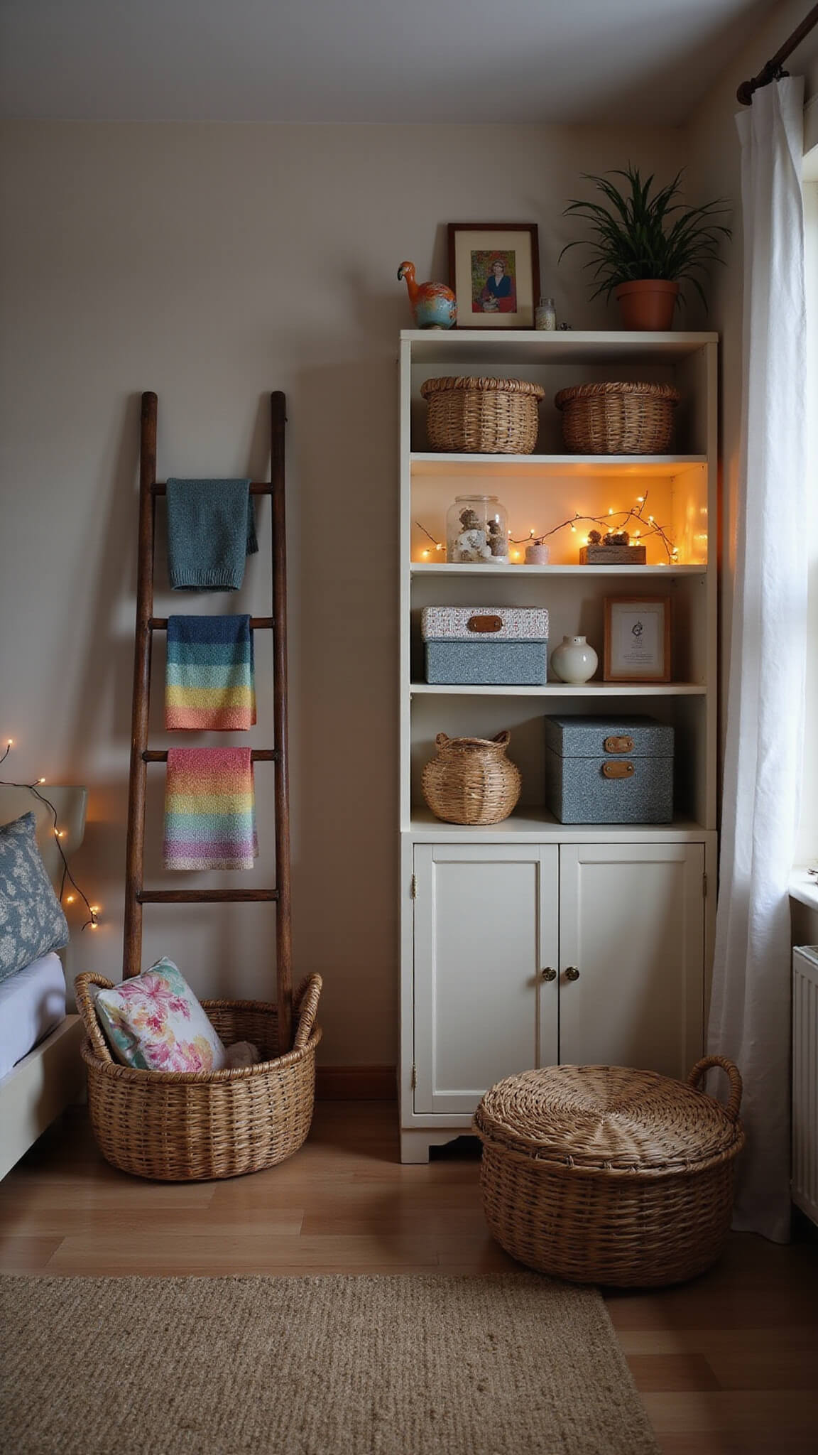 Cozy twilight nursery with under-crib storage in woven baskets, vintage ladder displaying blankets, open shelving with rattan boxes and muted rainbow decor, and warm fairy lights glowing in blue hour lighting.