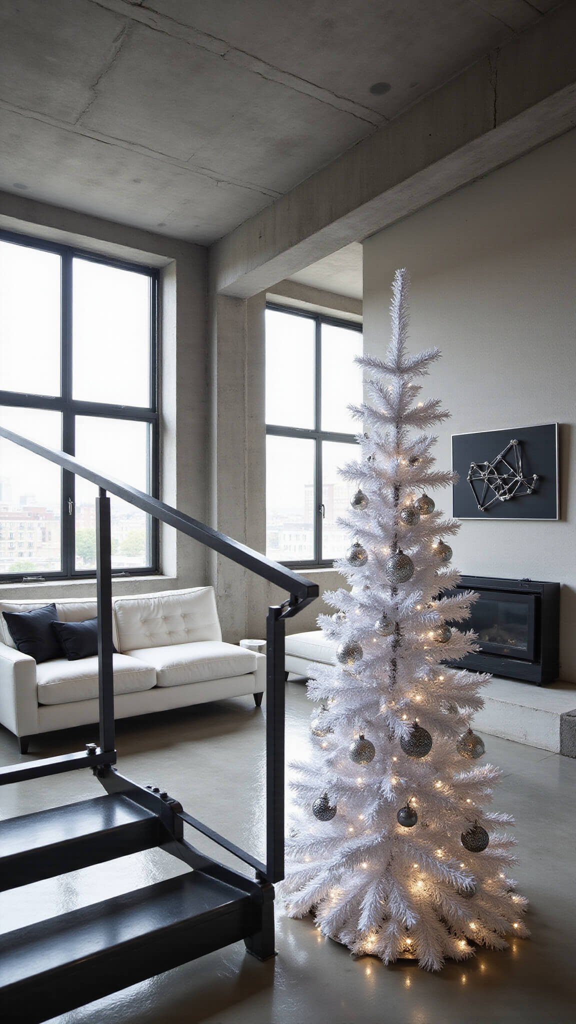 Minimalist industrial loft with white artificial Christmas tree, silver and crystal ornaments, white bouclé sectional, and concrete ceiling, viewed from above on steel staircase.