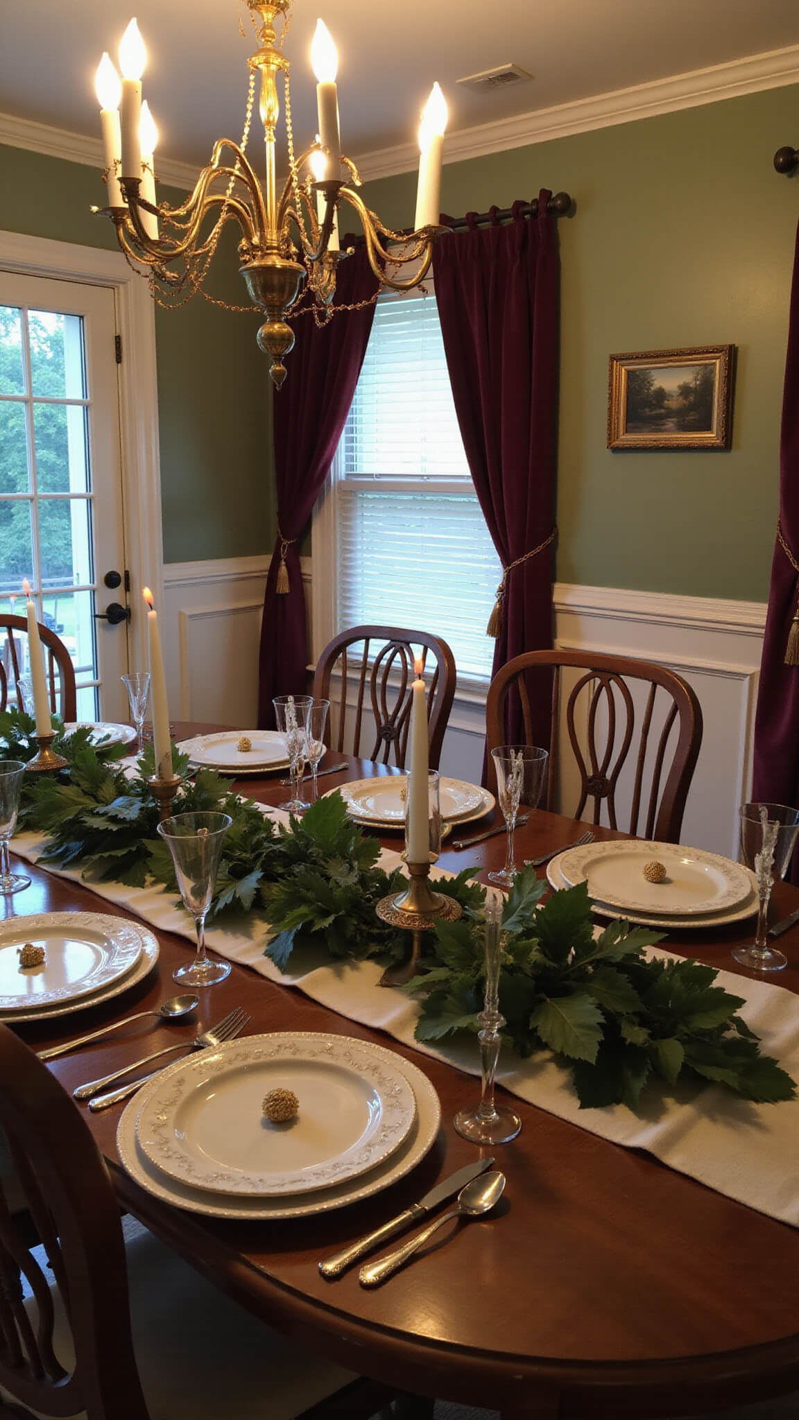 Elegant intimate dining room with dim chandelier lighting, set for eight with crystal, silver, and candles; magnolia garland and copper lights on table, sage green walls, burgundy drapes, viewed from doorway.