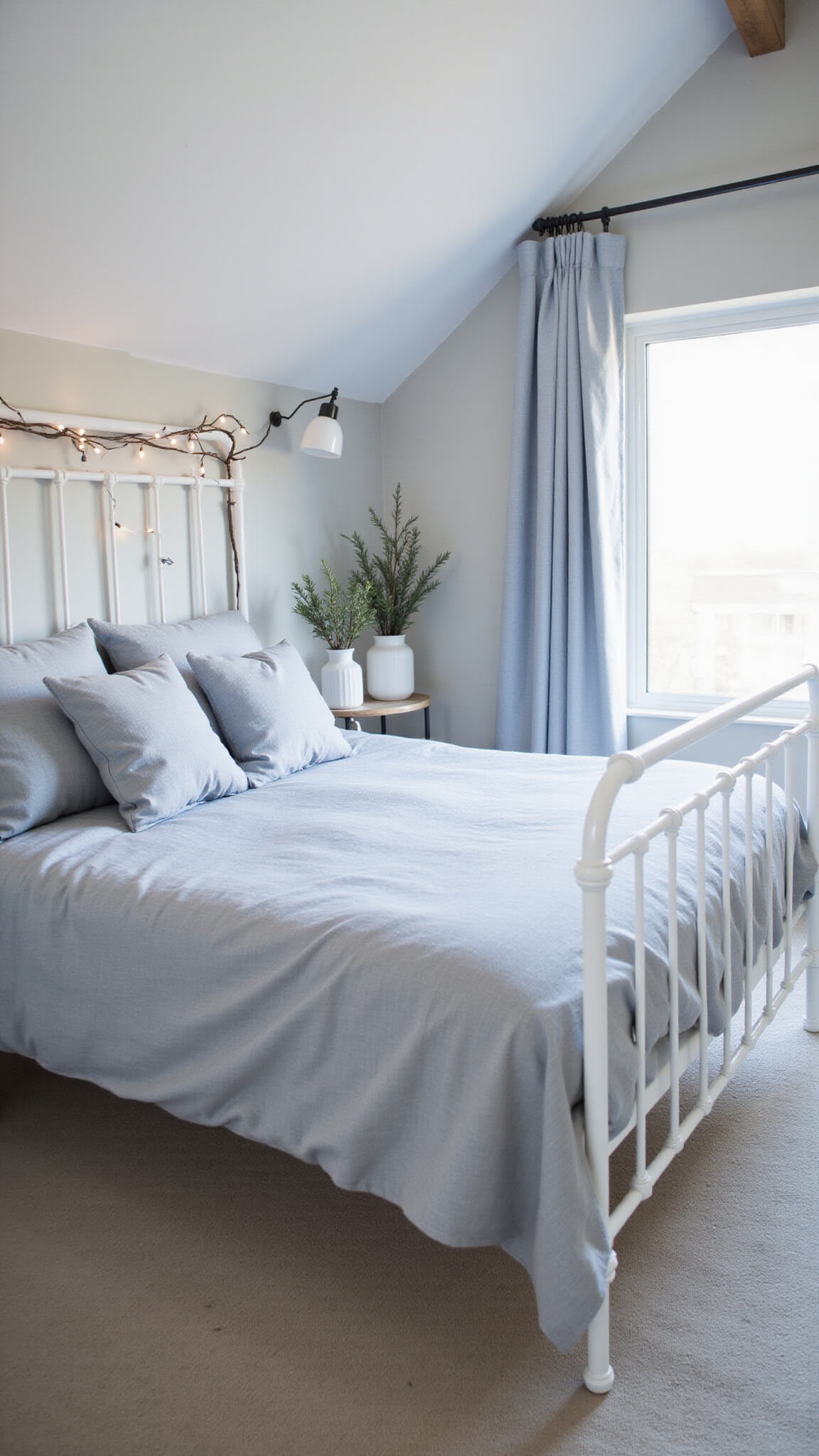 Modern Scandinavian bedroom with vaulted ceiling, gray linen bedding on white metal bed frame, pine branches in white vases, string light canopy, and soft winter afternoon light.