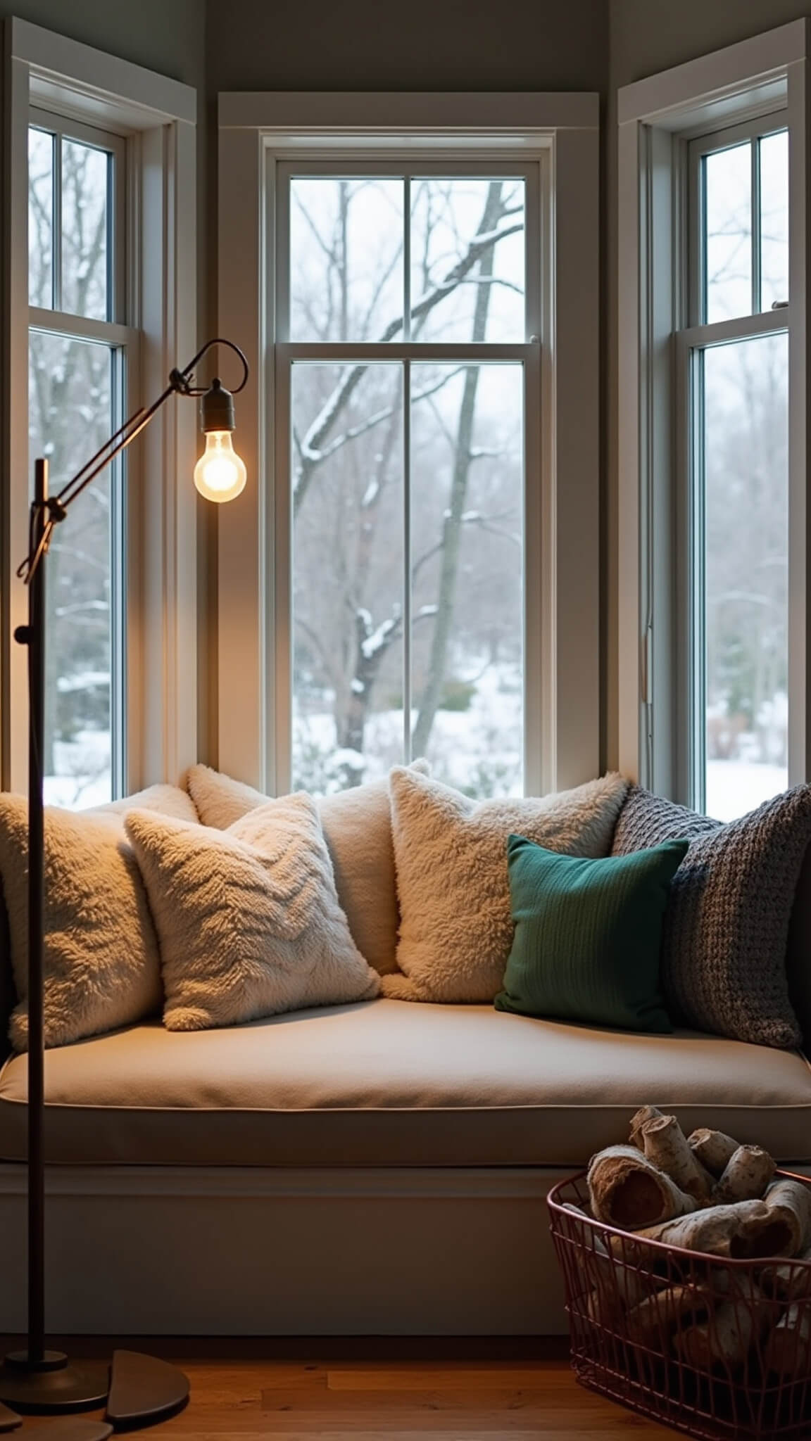 Cozy 8x10ft reading nook with built-in window seat, snowy twilight outside bay window, cream and gray faux fur throws, forest green knit pillows, copper basket with birch logs, and antique brass floor lamp creating warm hygge lighting.