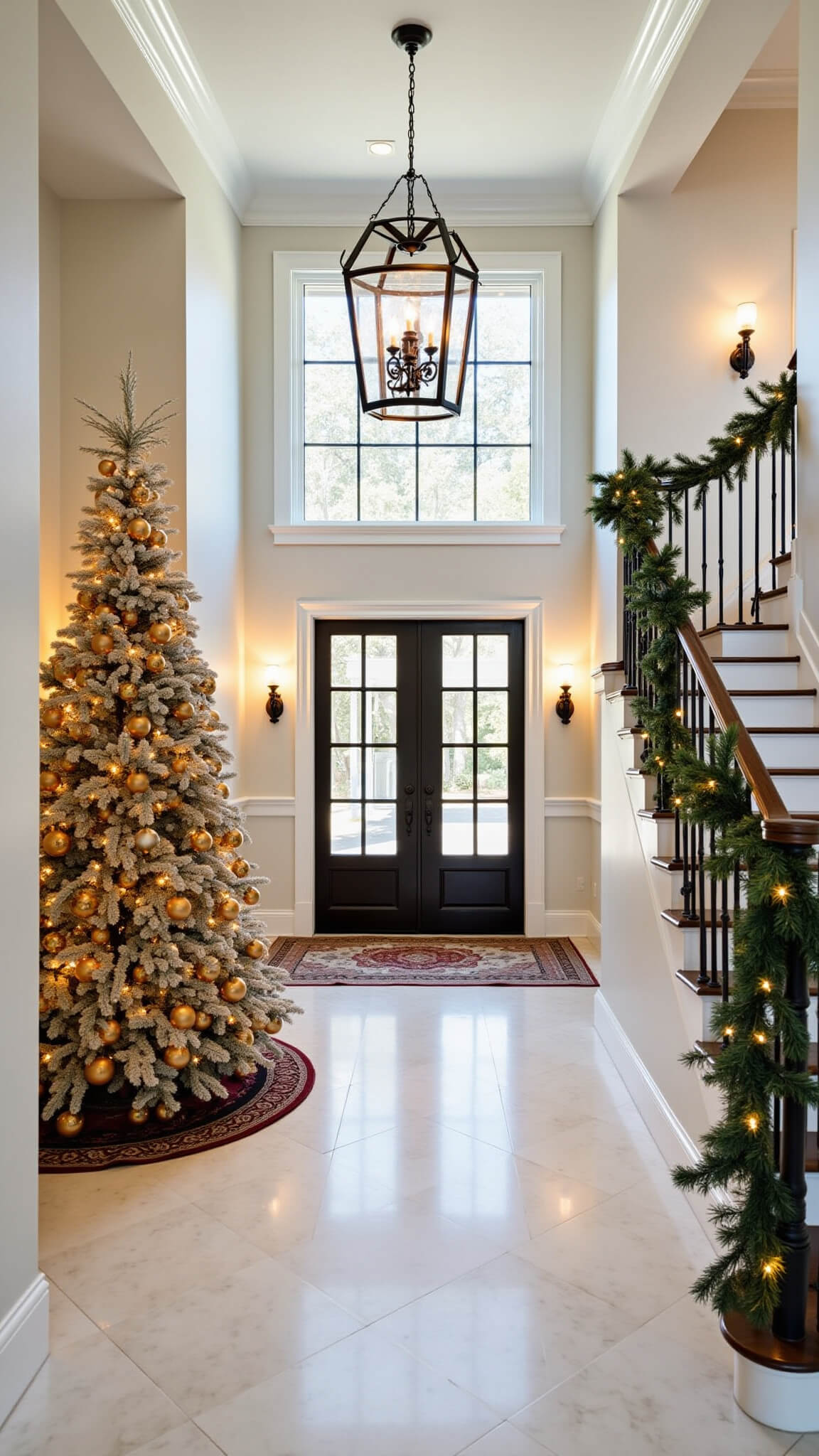 Elegant grand entryway with sweeping staircase, 12ft flocked Christmas tree in champagne and rose gold, marble floors with Persian runner, cedar-garlanded black iron railing, and dramatic lighting highlighting architectural details.