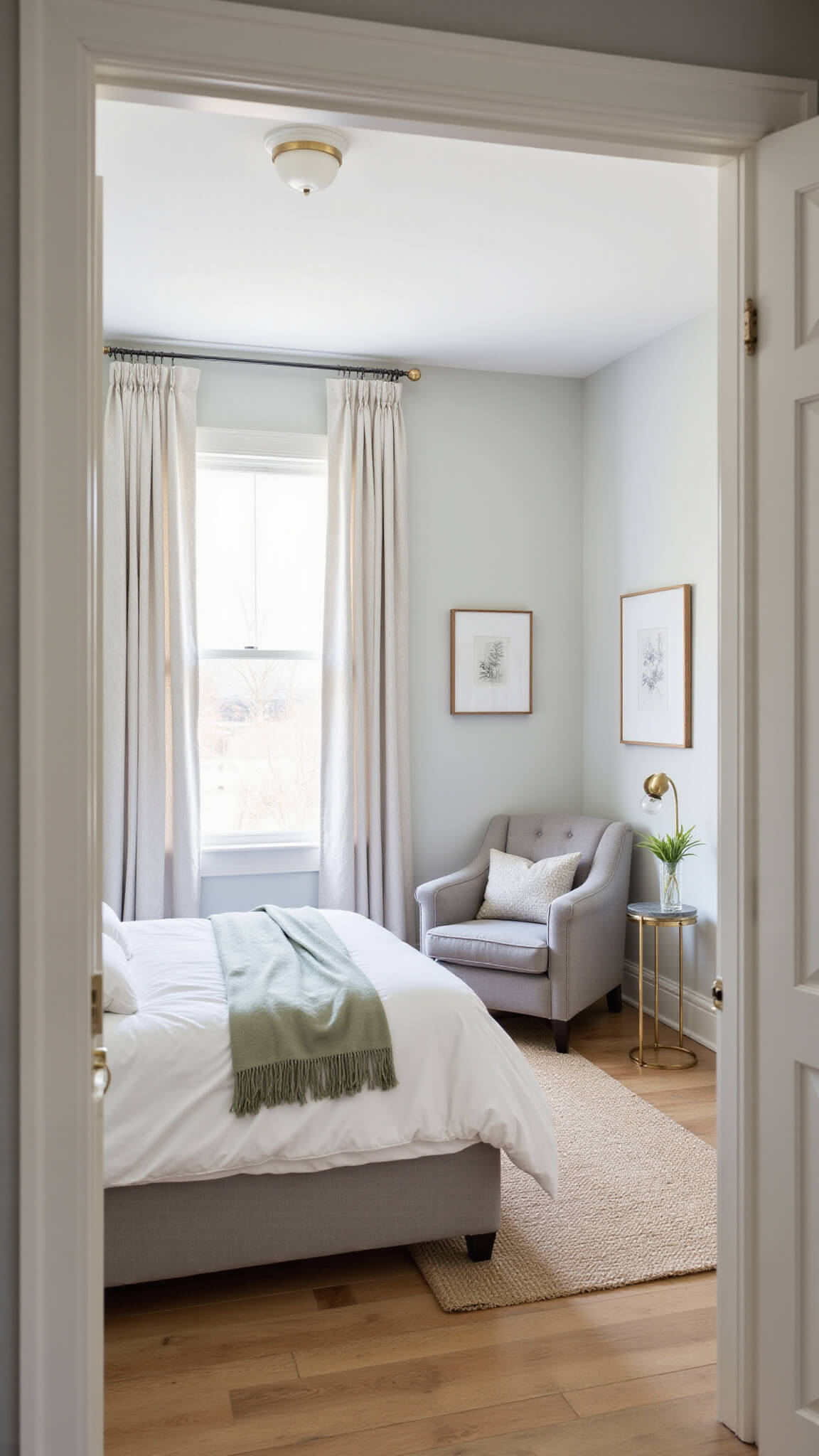 Bright, airy guest bedroom with queen bed in white linens, sage green throw, brass sconces, gray armchair, and natural light filtering through sheer curtains.