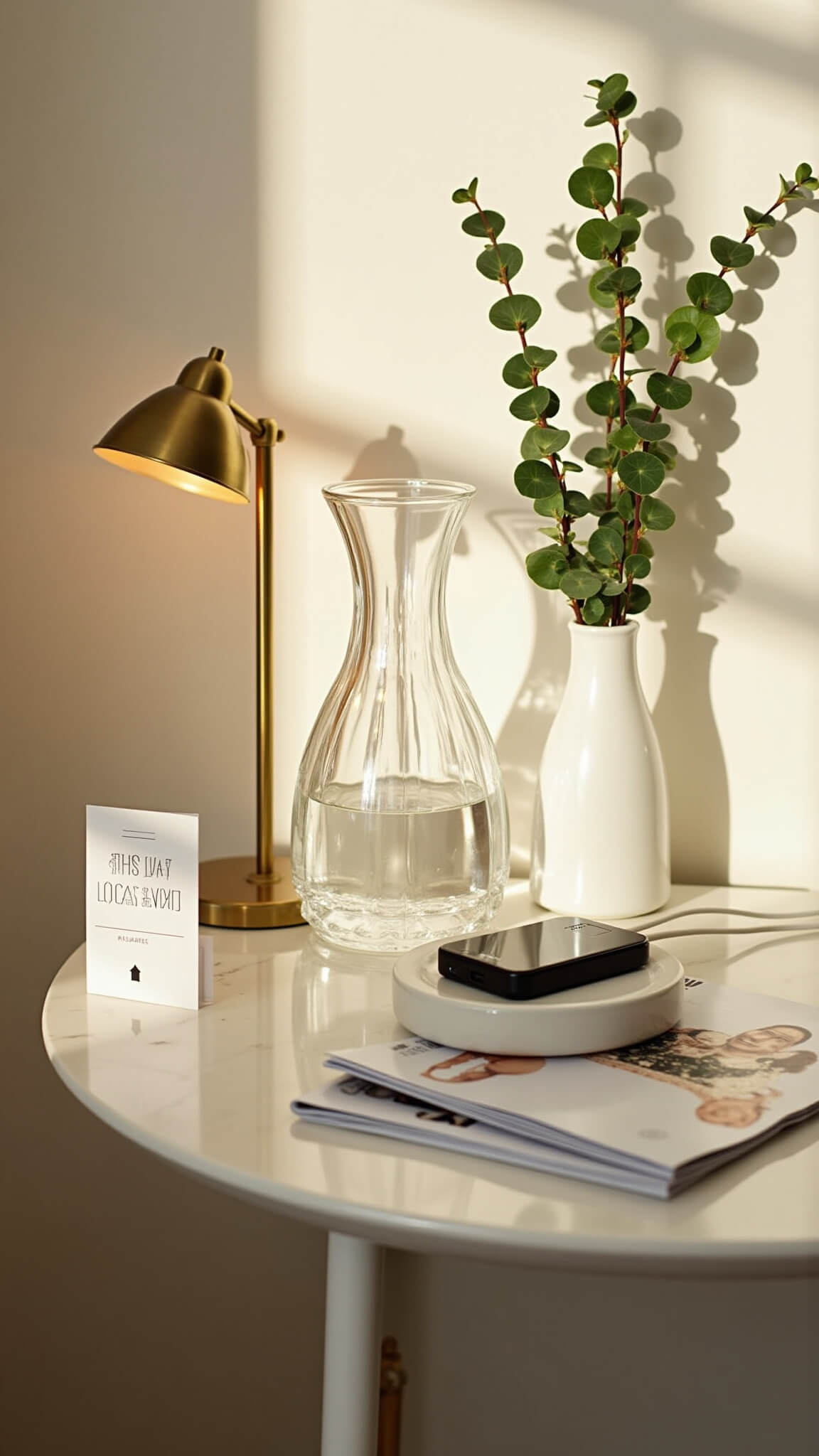 Close-up of elegantly styled bedside table with crystal carafe, ceramic charging station, eucalyptus bud vase, and brass lamp on marble surface in warm late afternoon light.