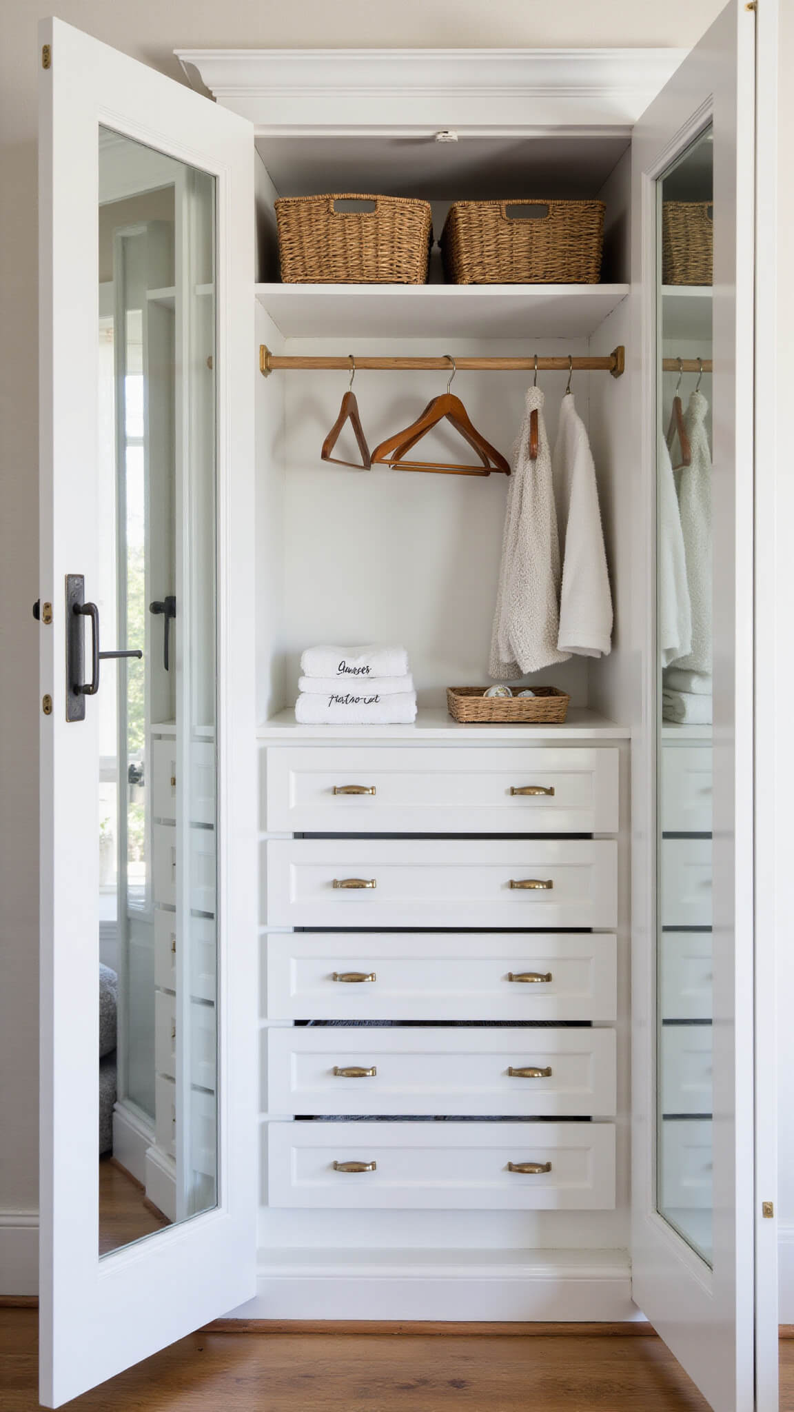 Built-in closet with French doors, featuring organized interior with wooden hangers, labeled drawers, woven baskets, and full-length mirror reflecting natural light.