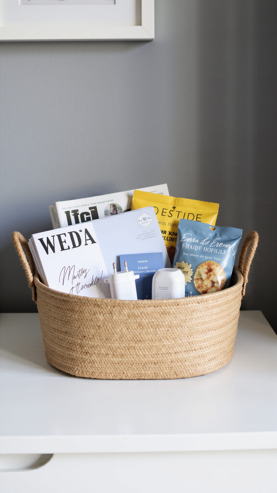 Top-down view of a welcome basket on a dresser with local magazines, handwritten WiFi card, phone charger, and artisanal snacks in soft morning light against a grey wall with minimal artwork.