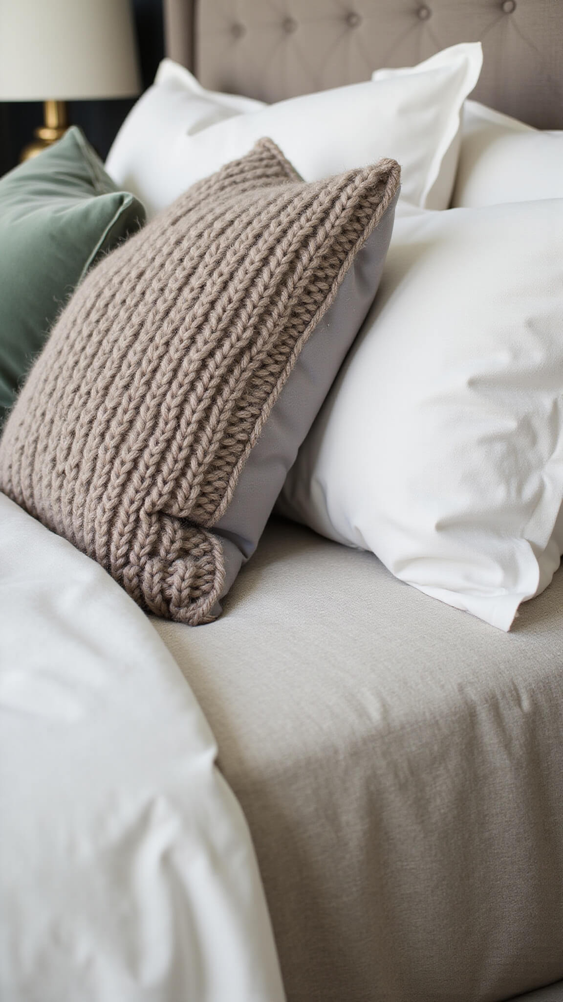 Close-up of layered bed textiles with white cotton sheets, chunky knit pillows, and velvet cushions in sage and grey, bathed in morning light.