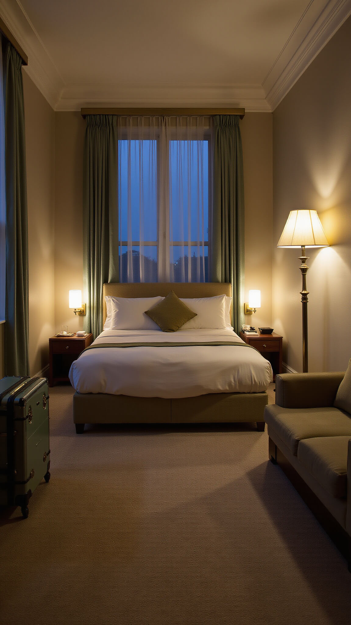 Cozy evening bedroom with queen bed between sheer-draped windows, soft lighting from sconces and floor lamp, seating area and subtle storage in neutral tones with sage and brass accents.