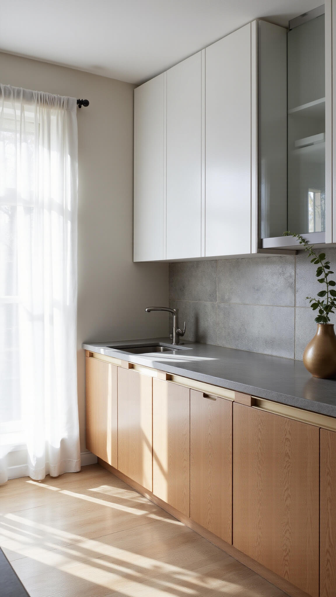 Minimalist kitchen with birch and white cabinets, built-in appliances, stone backsplash, and eucalyptus in a vase.