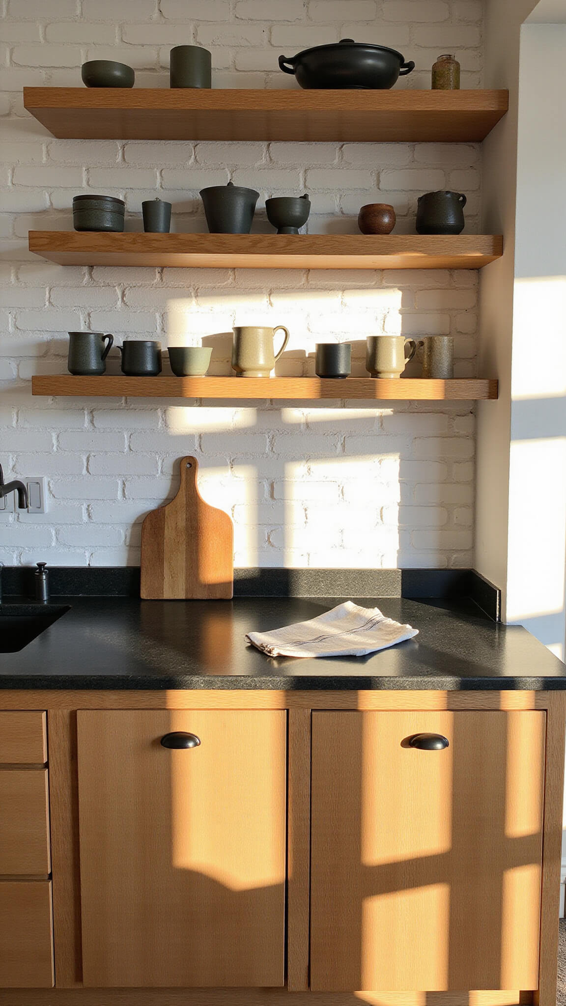 Golden hour light illuminates a cozy 12x10ft kitchen corner with raw oak shelves, whitewashed brick walls, stoneware, matte black fixtures, and terrazzo flooring viewed from above.