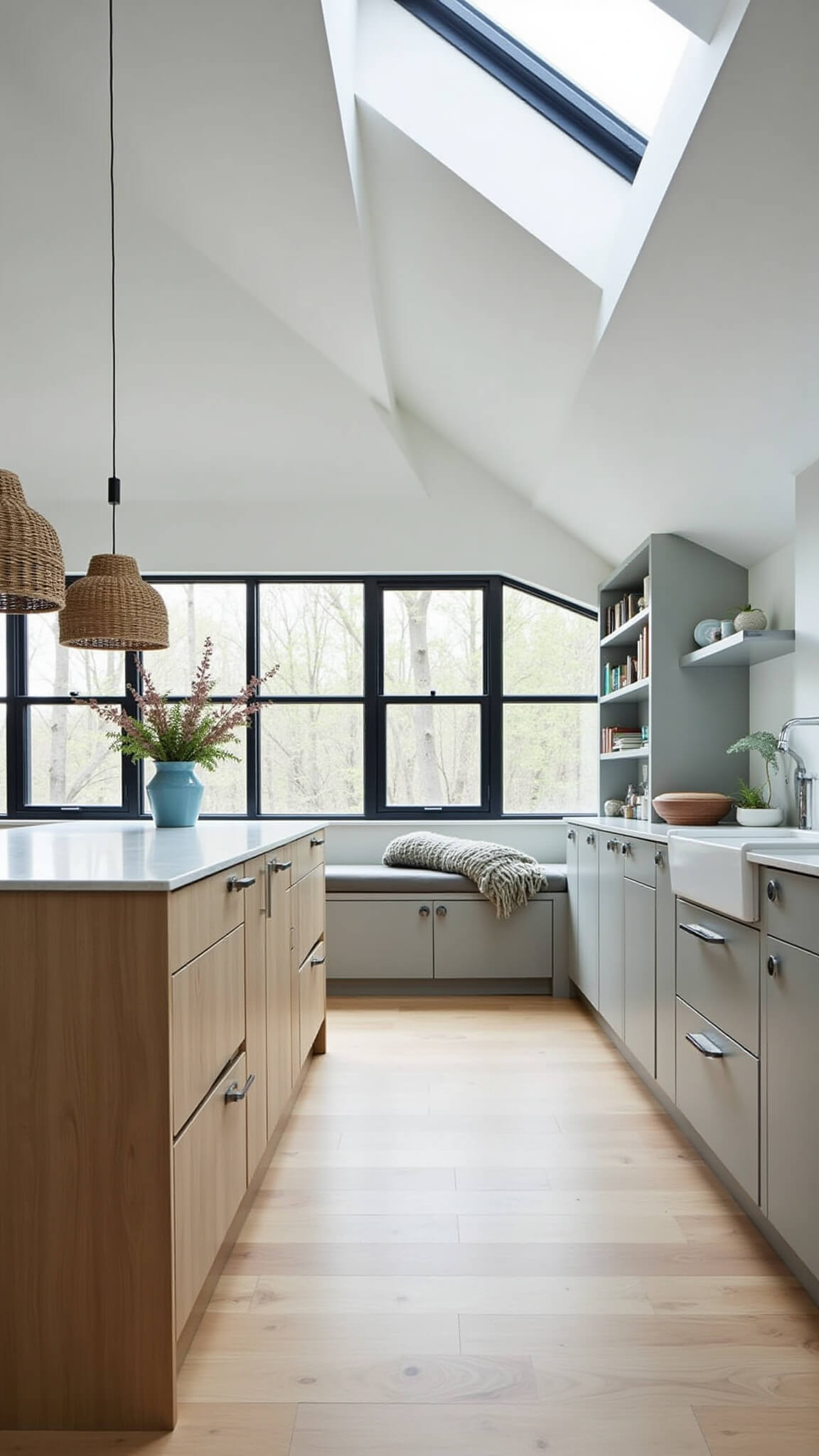 Vaulted kitchen with pale gray cabinets, bleached oak and white Corian island, natural and LED lighting, woven pendants, and black steel-framed windows.