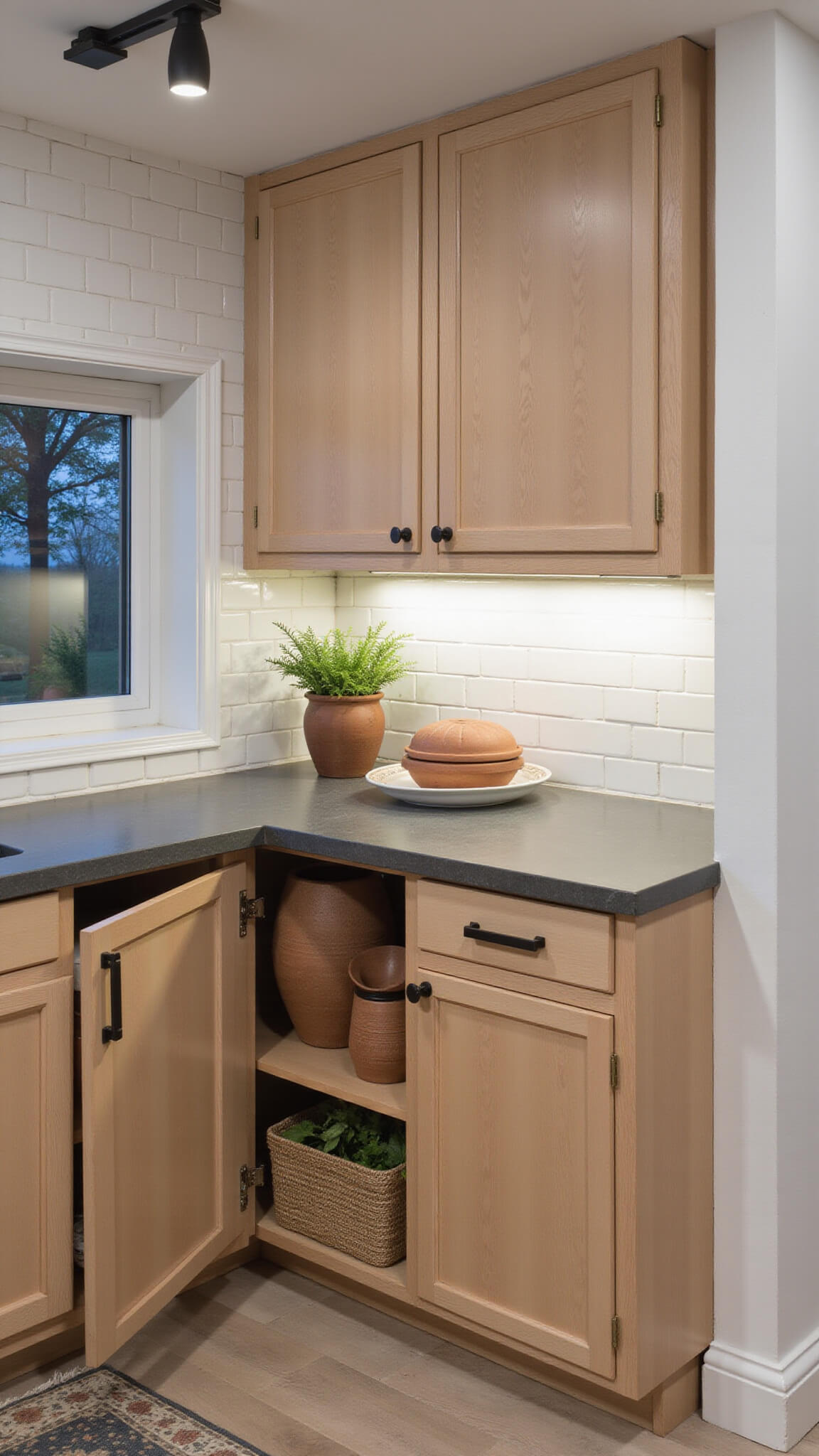 Cozy 10x12ft kitchen nook at dusk with soft under-cabinet lighting, handmade pottery in focus, soapstone counters, and pale birch pull-out pantry.